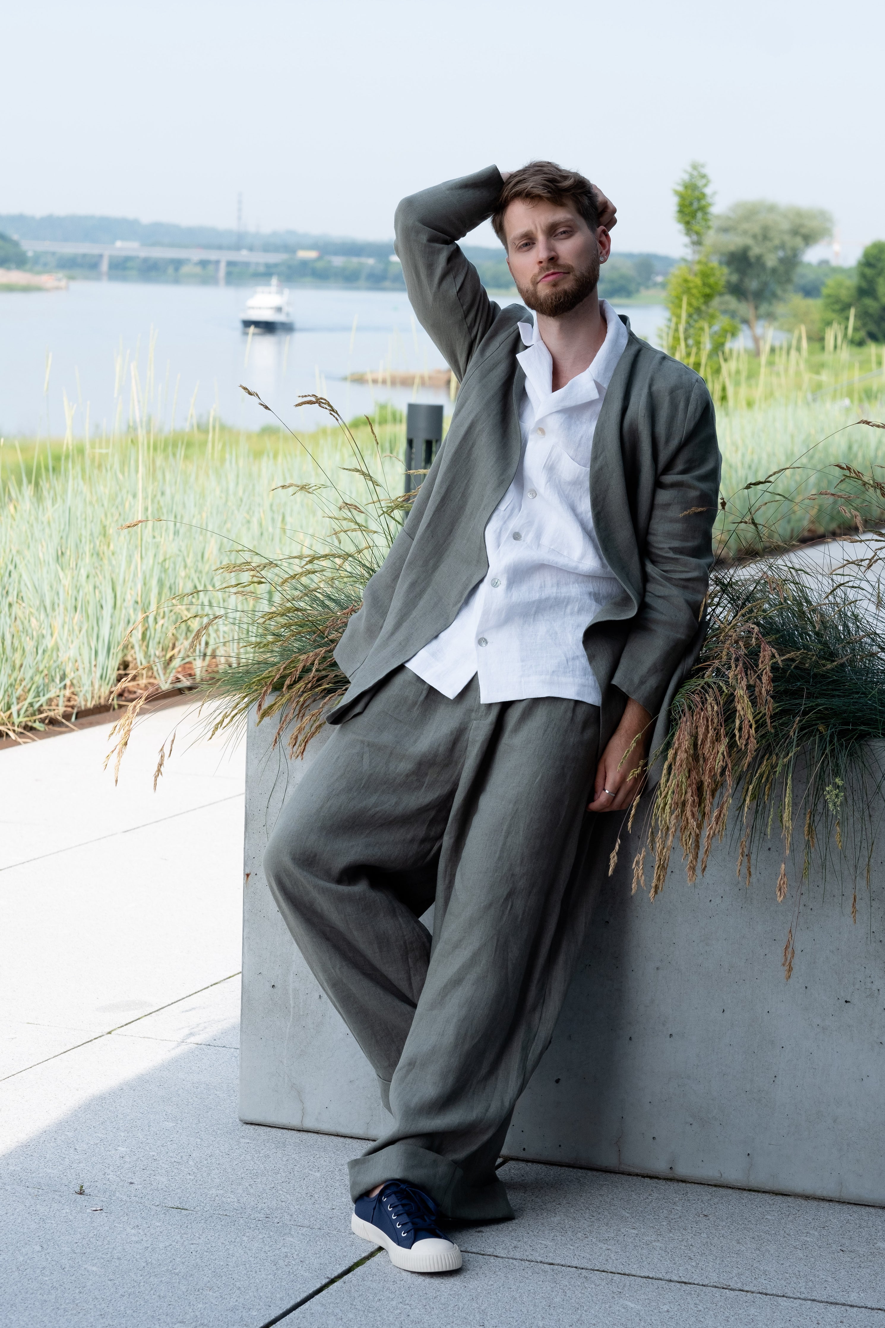 Wide-leg olive green linen pants