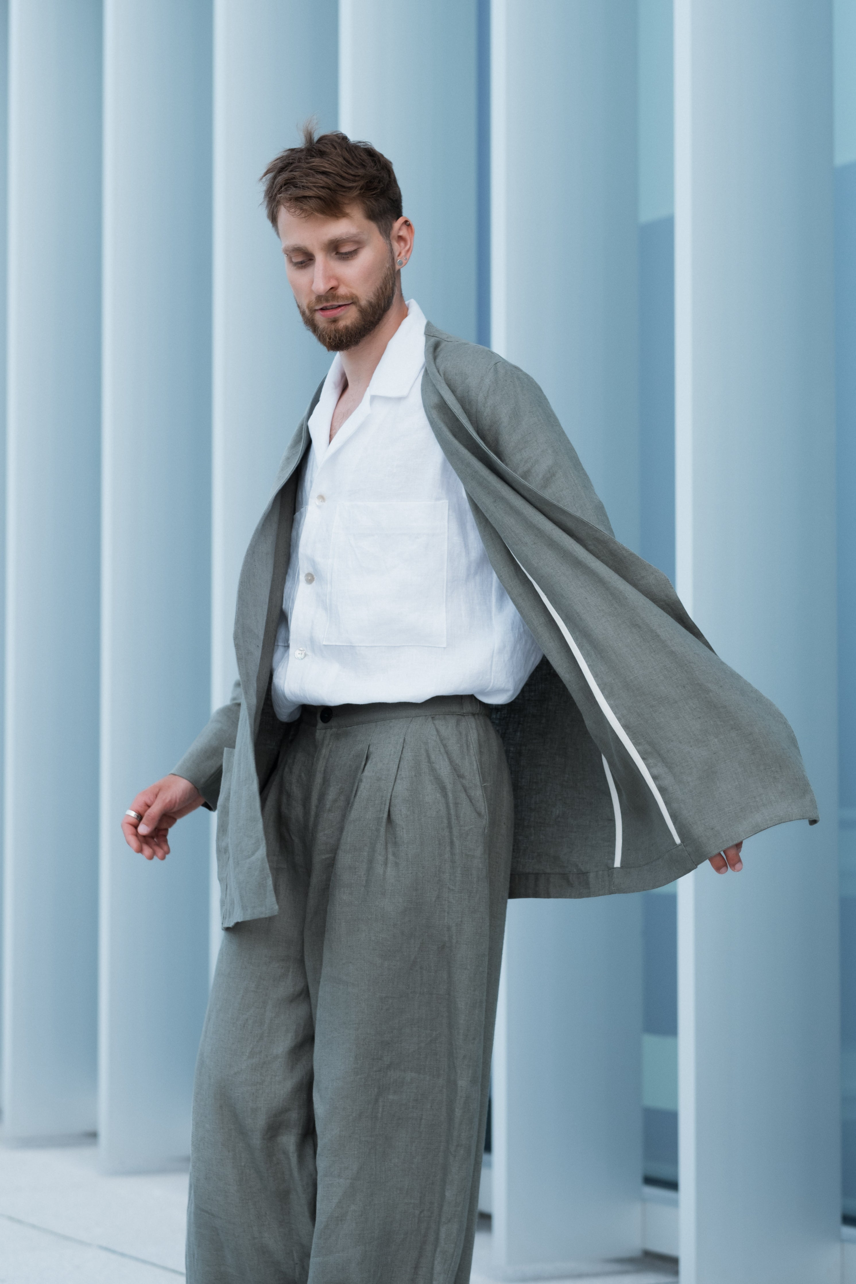 Wide-leg olive green linen pants