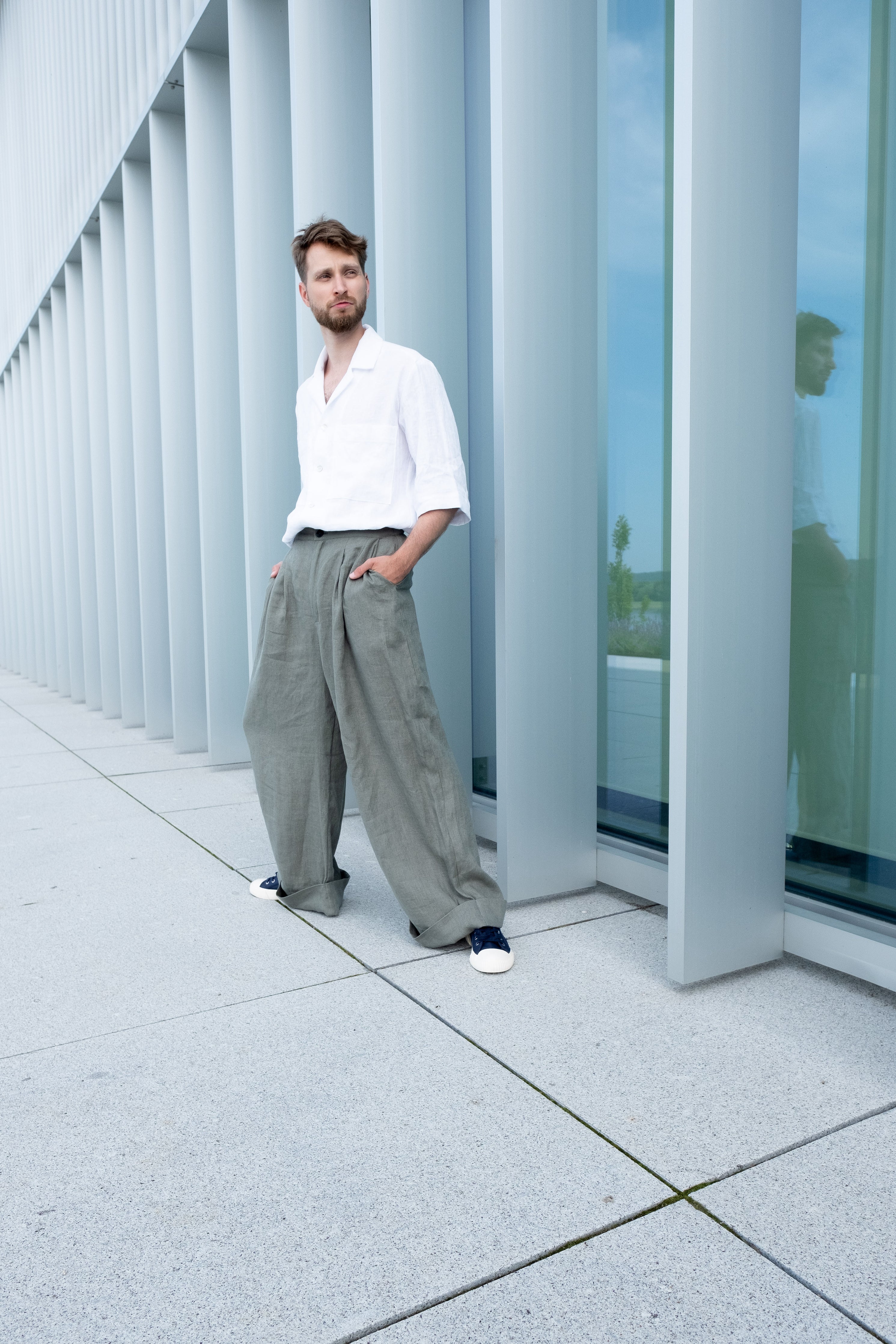 Wide-leg olive green linen pants