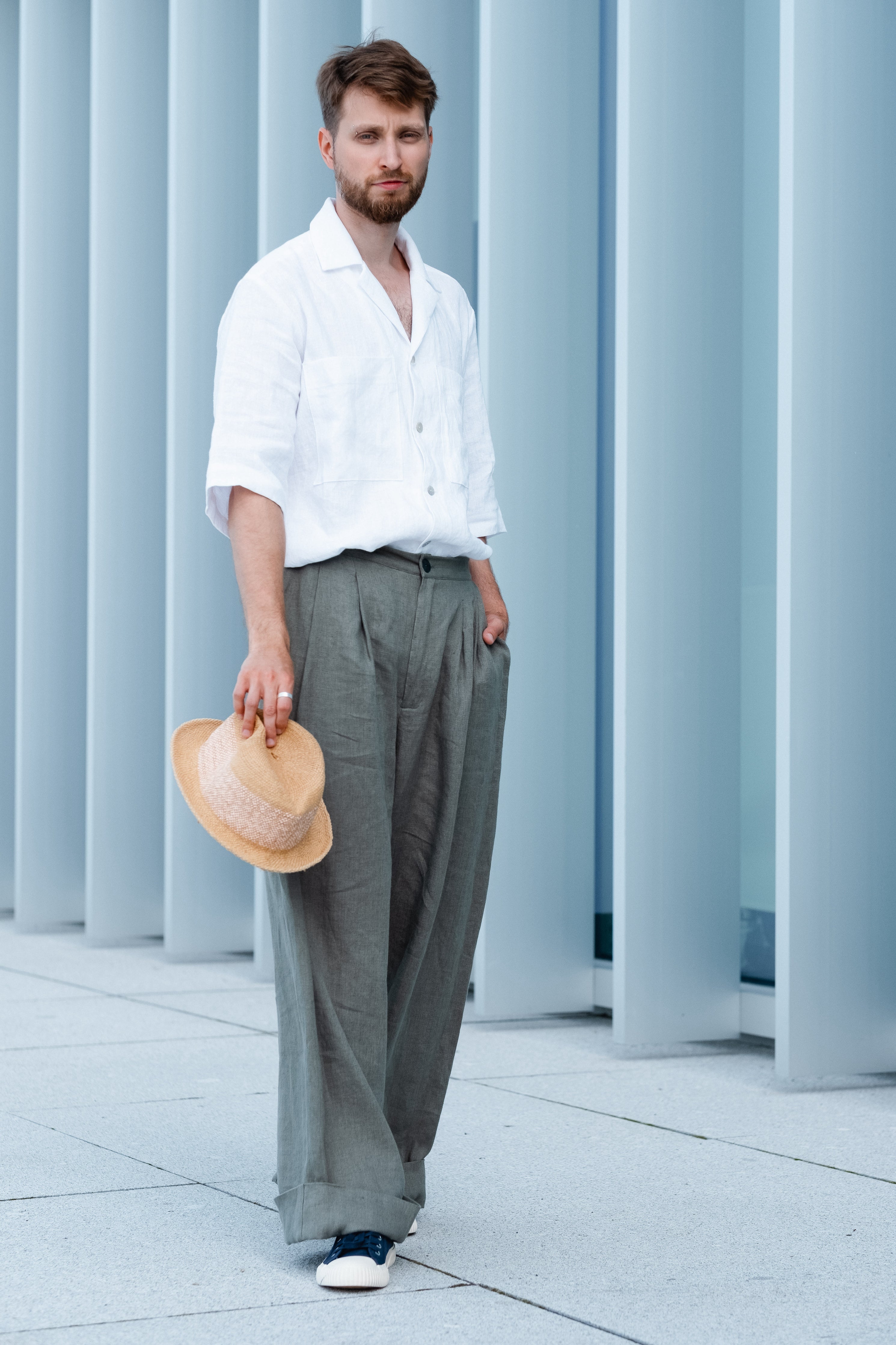 Wide-leg olive green linen pants