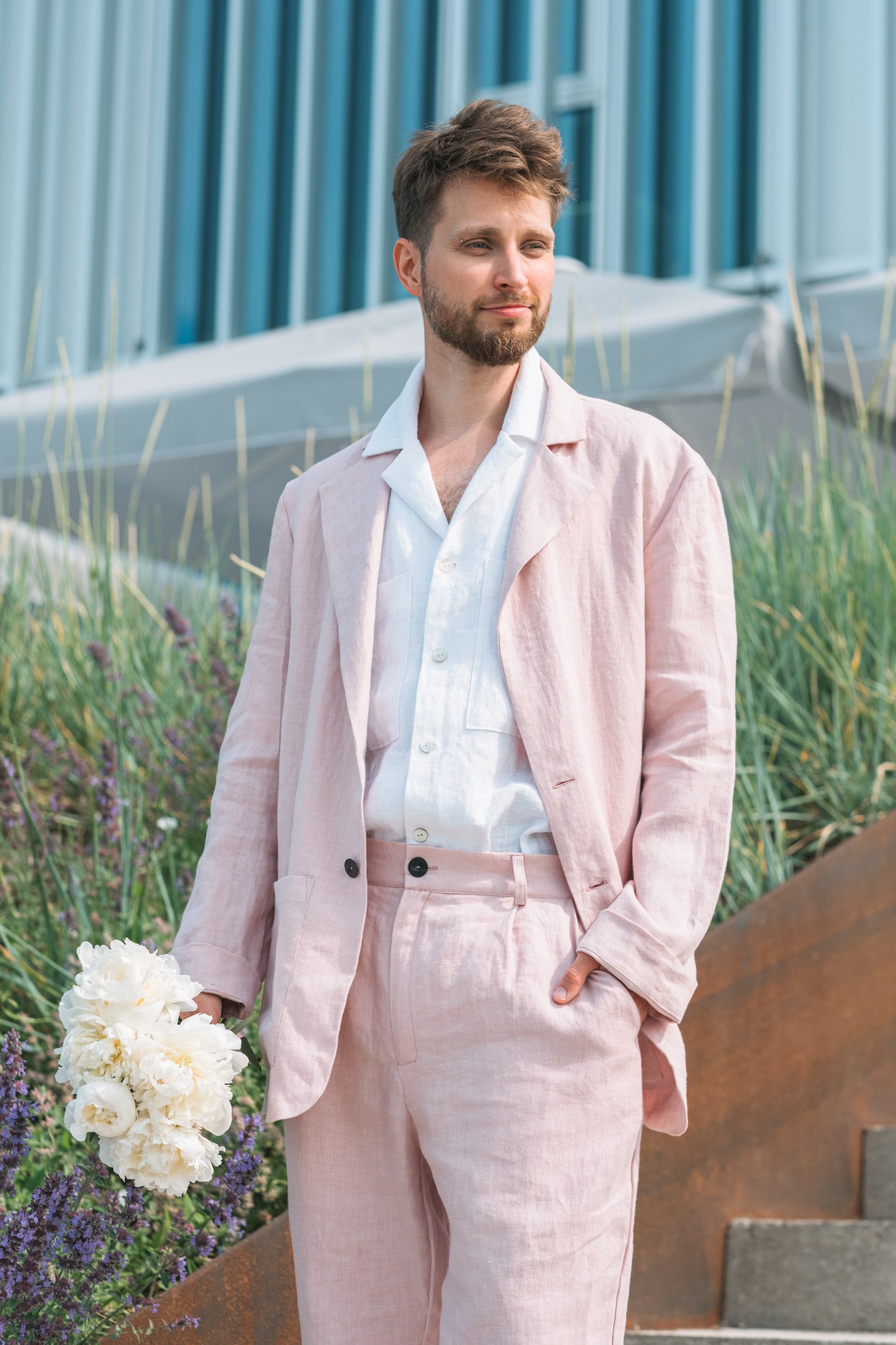 Unstructured single-breasted dusty rose linen blazer