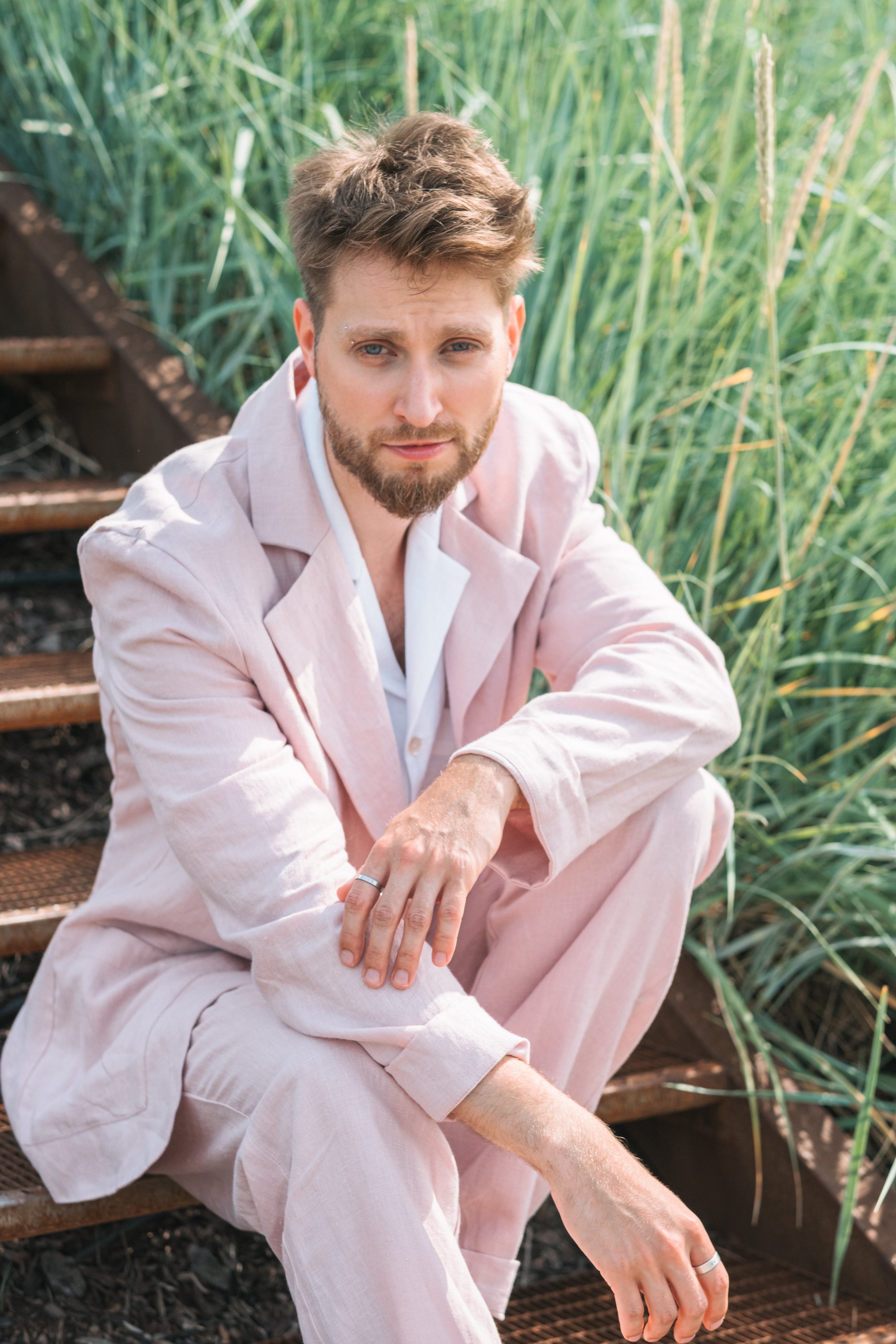 Regular-fit dusty rose linen suit