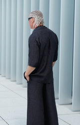 Men's linen outfit of a haori style blazer and wide-leg pants