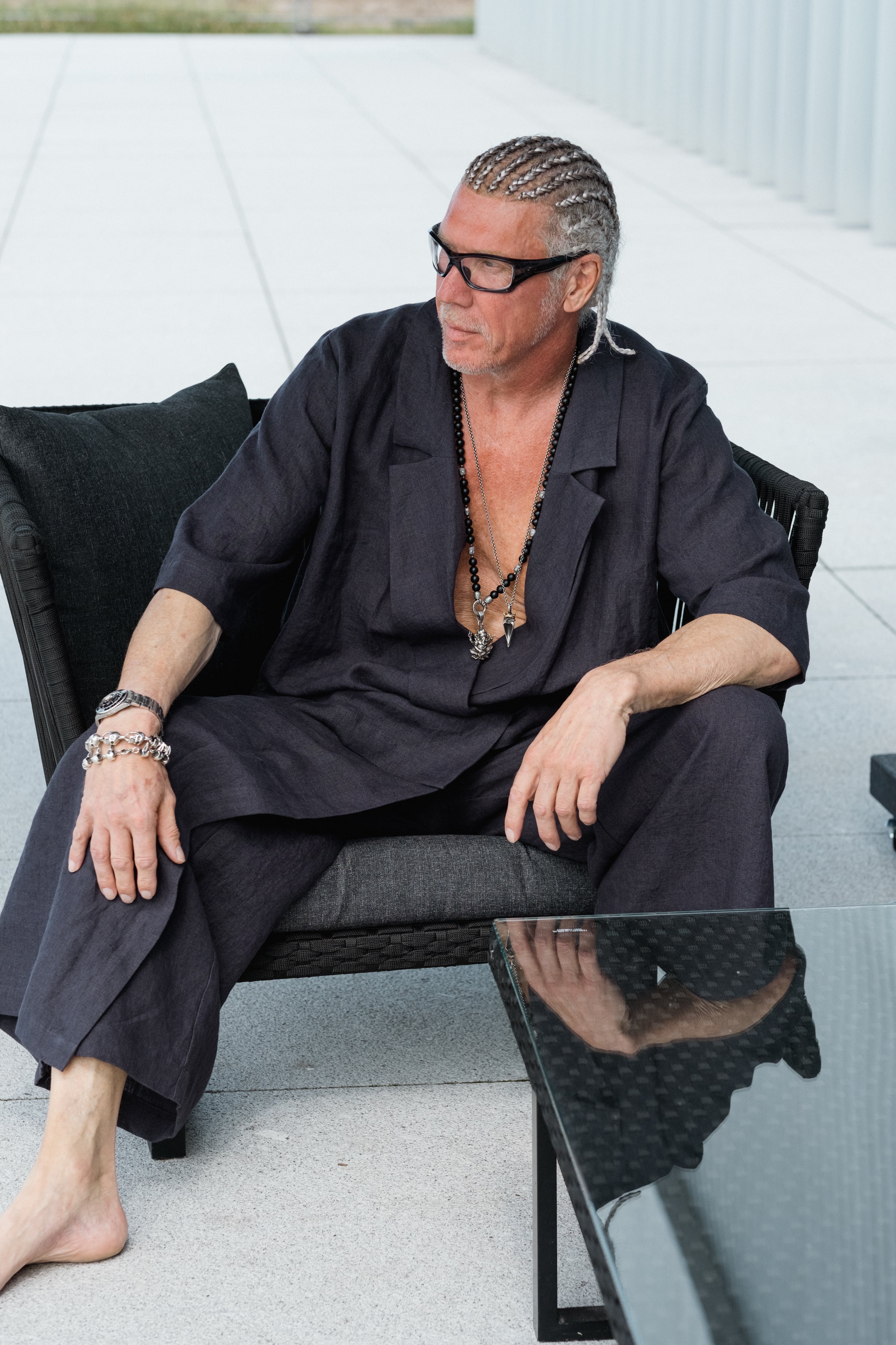 Men’s two pieces linen suit with kimono style blazer and wide skirt-pants