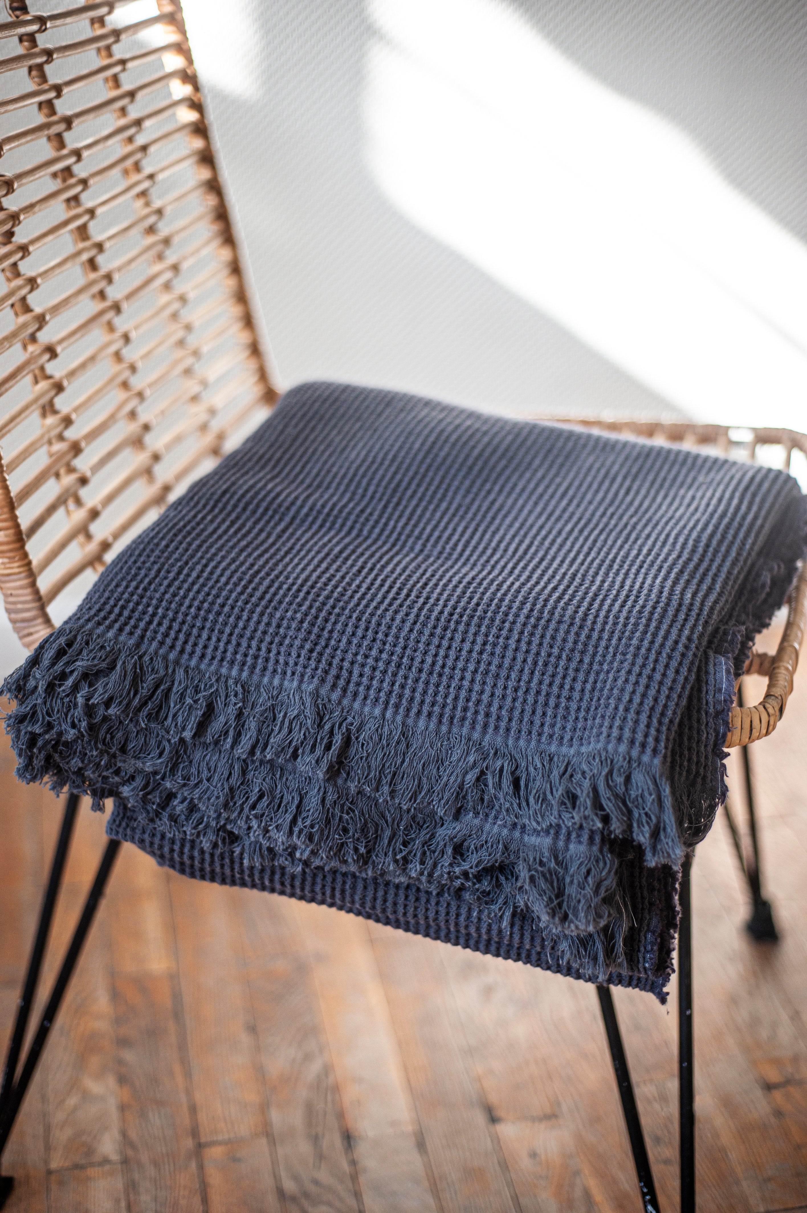 Dark grey natural linen waffle throw with fringes