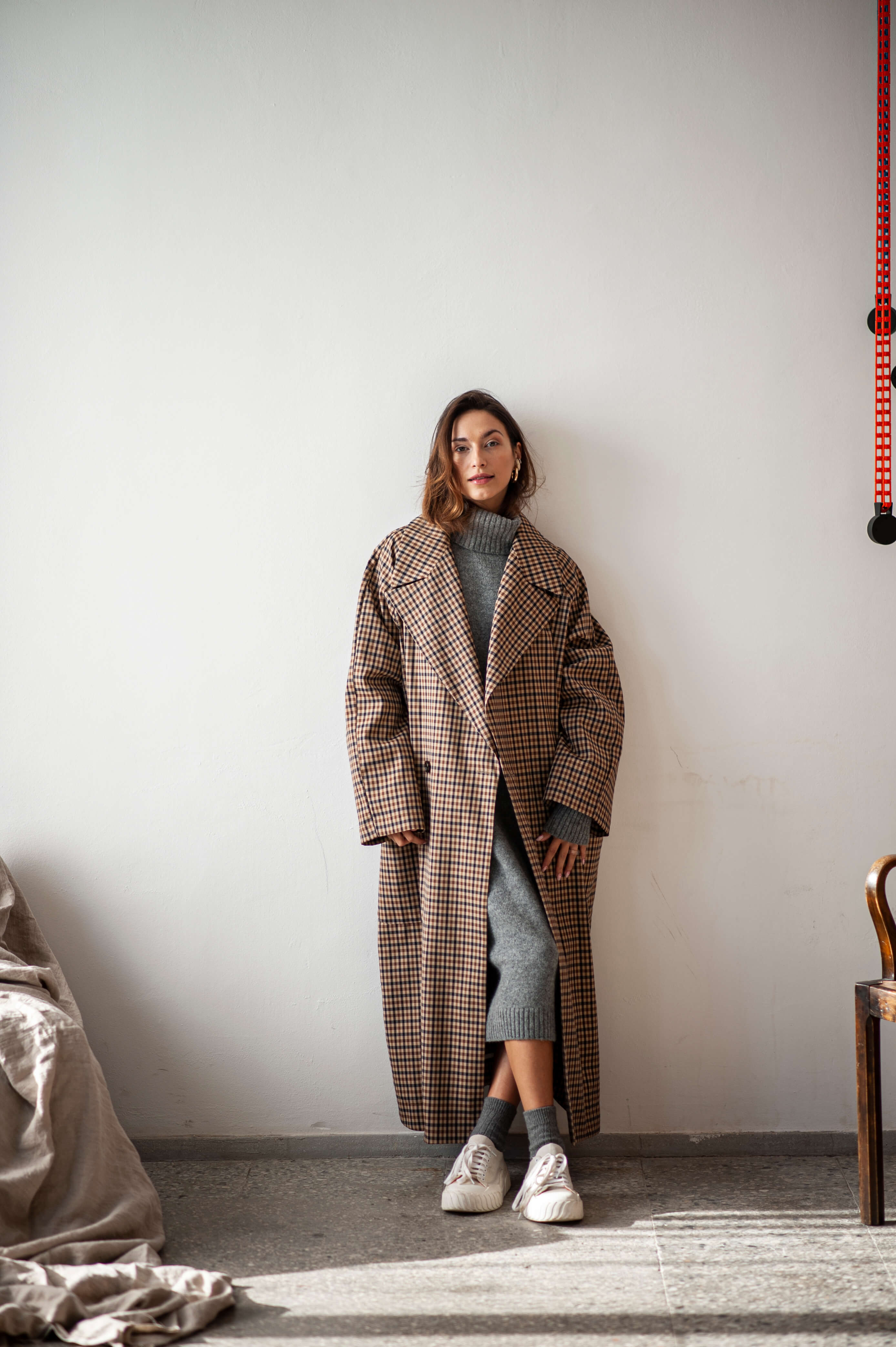 Double breasted gingham check cocoon maxi coat
