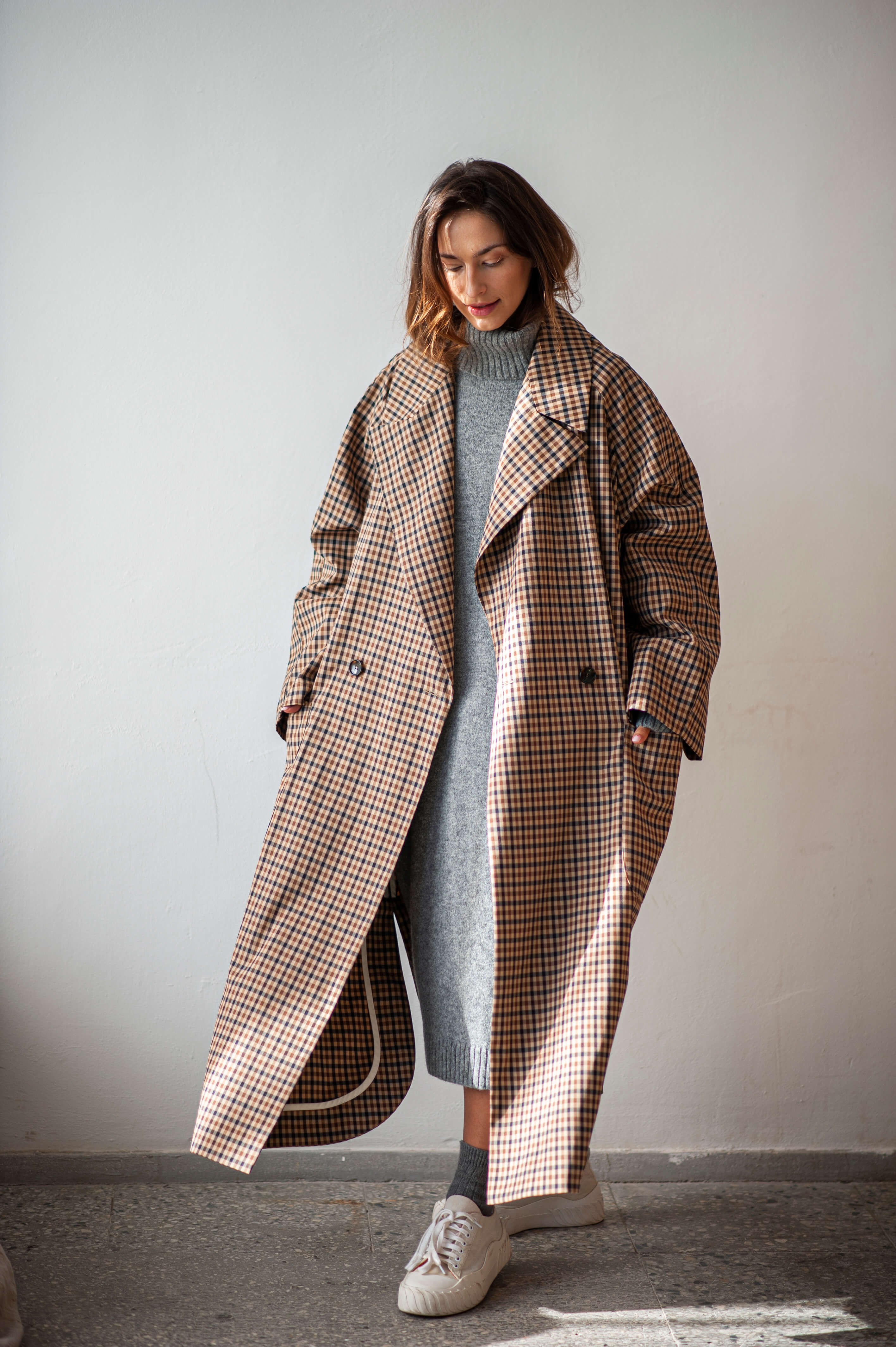Double breasted gingham check cocoon maxi coat