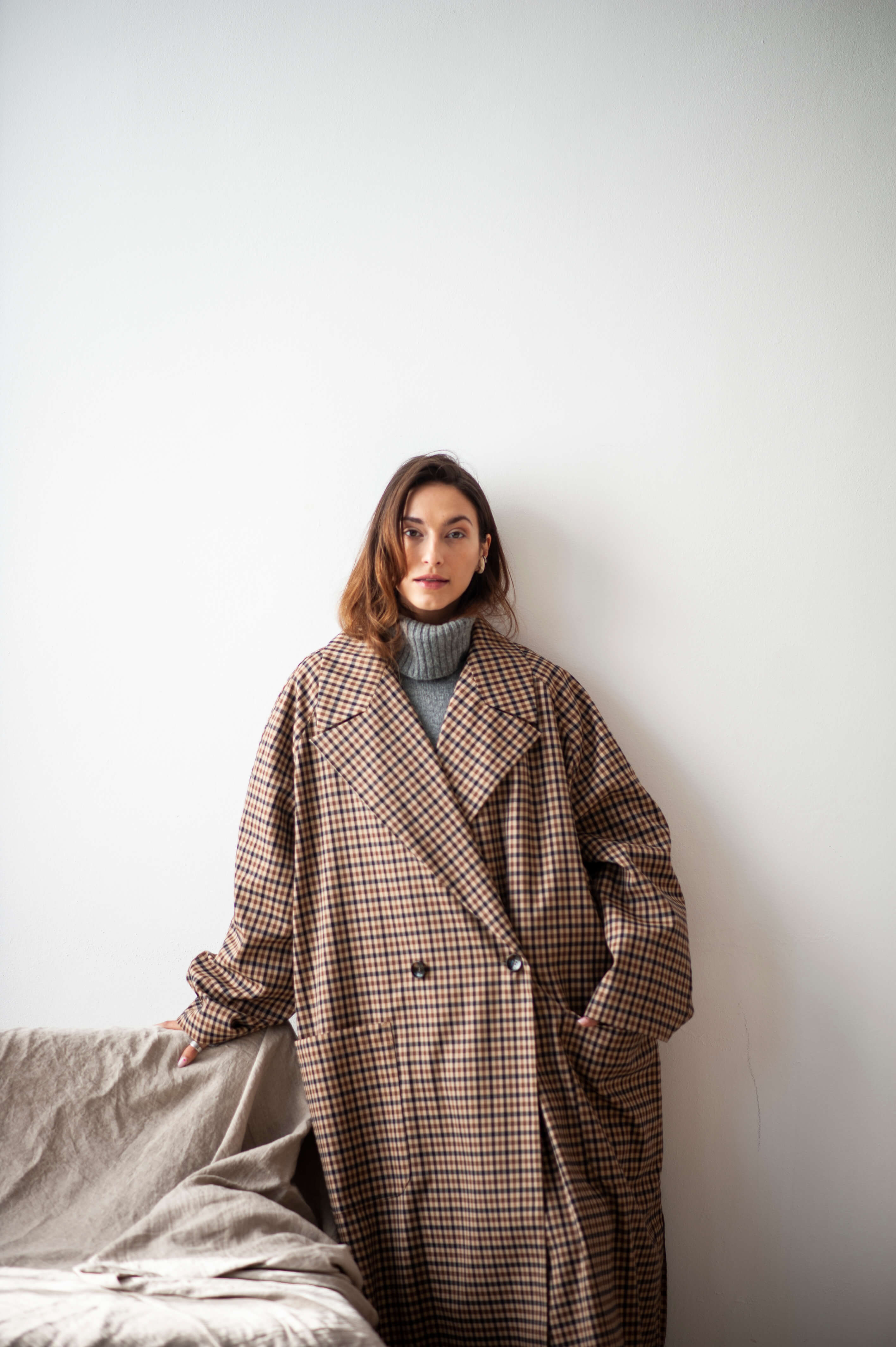 Double breasted gingham check cocoon maxi coat