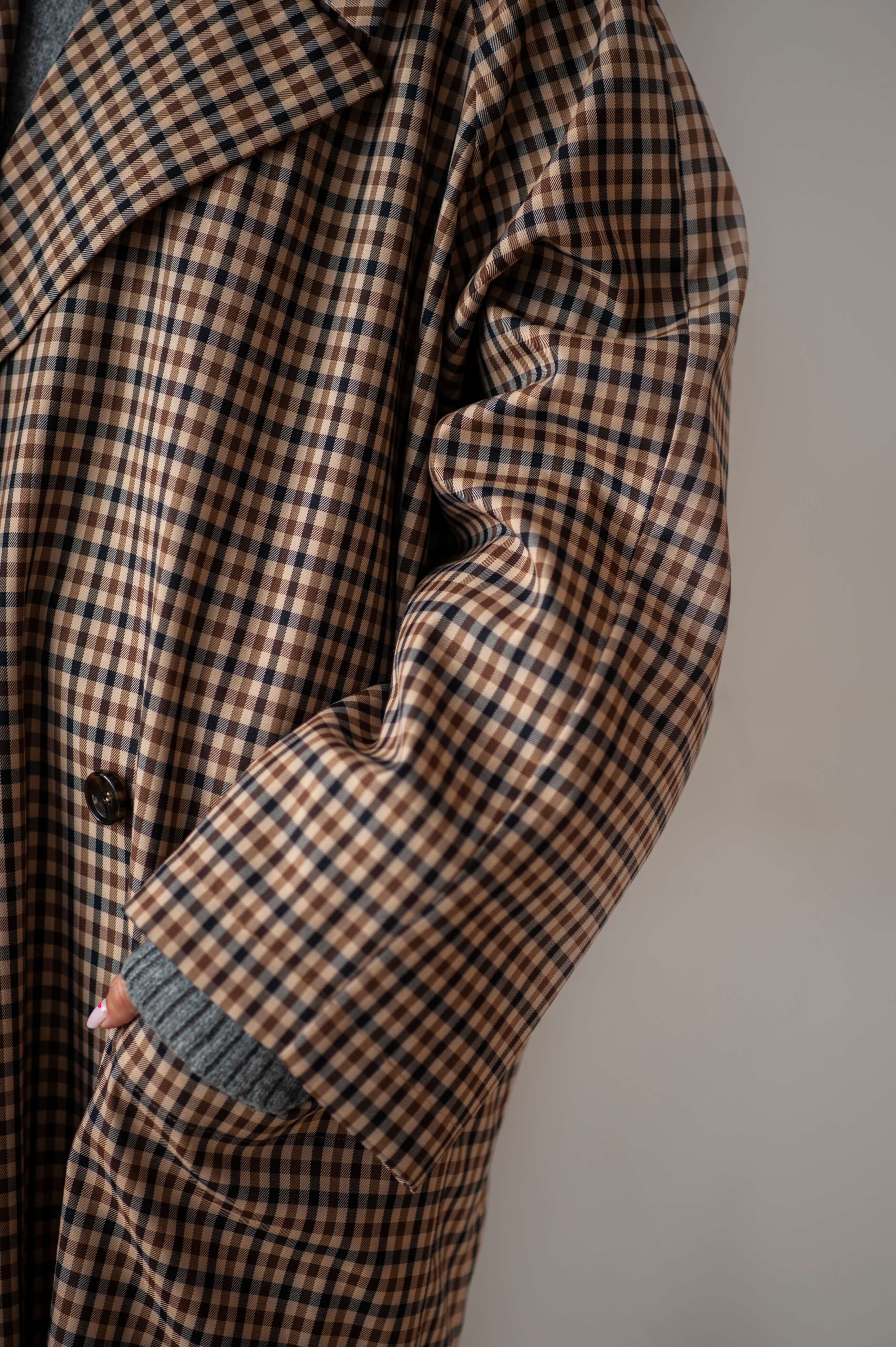 Double breasted gingham check cocoon maxi coat