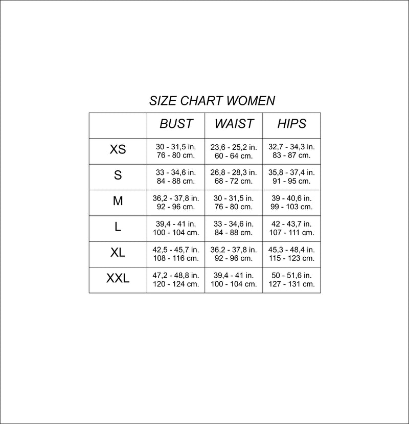 Body size chart of women's linen clothes.