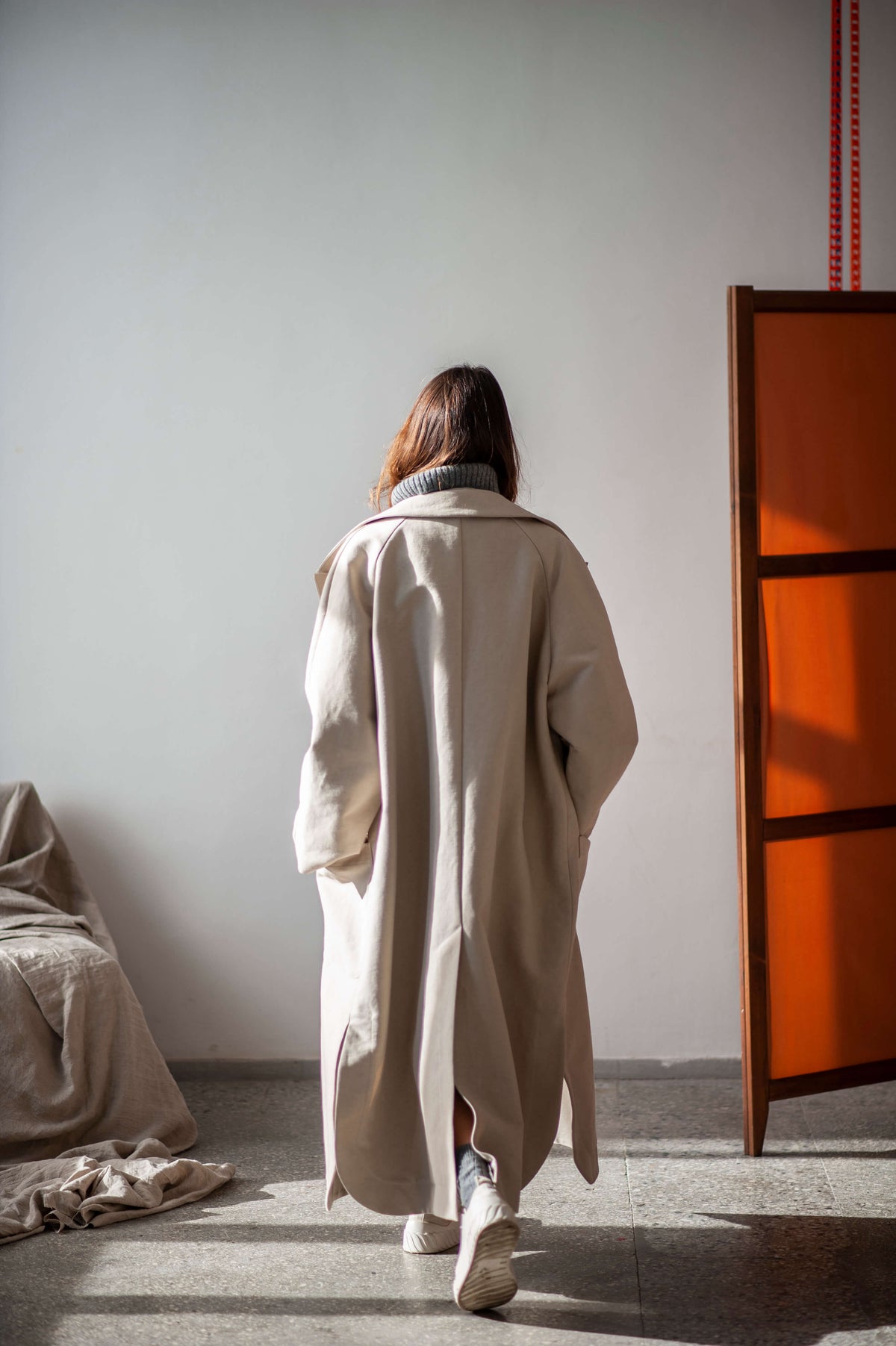 Women's Maxi Cotton Trench Coat – Oversized Beige Raglan Sleeve