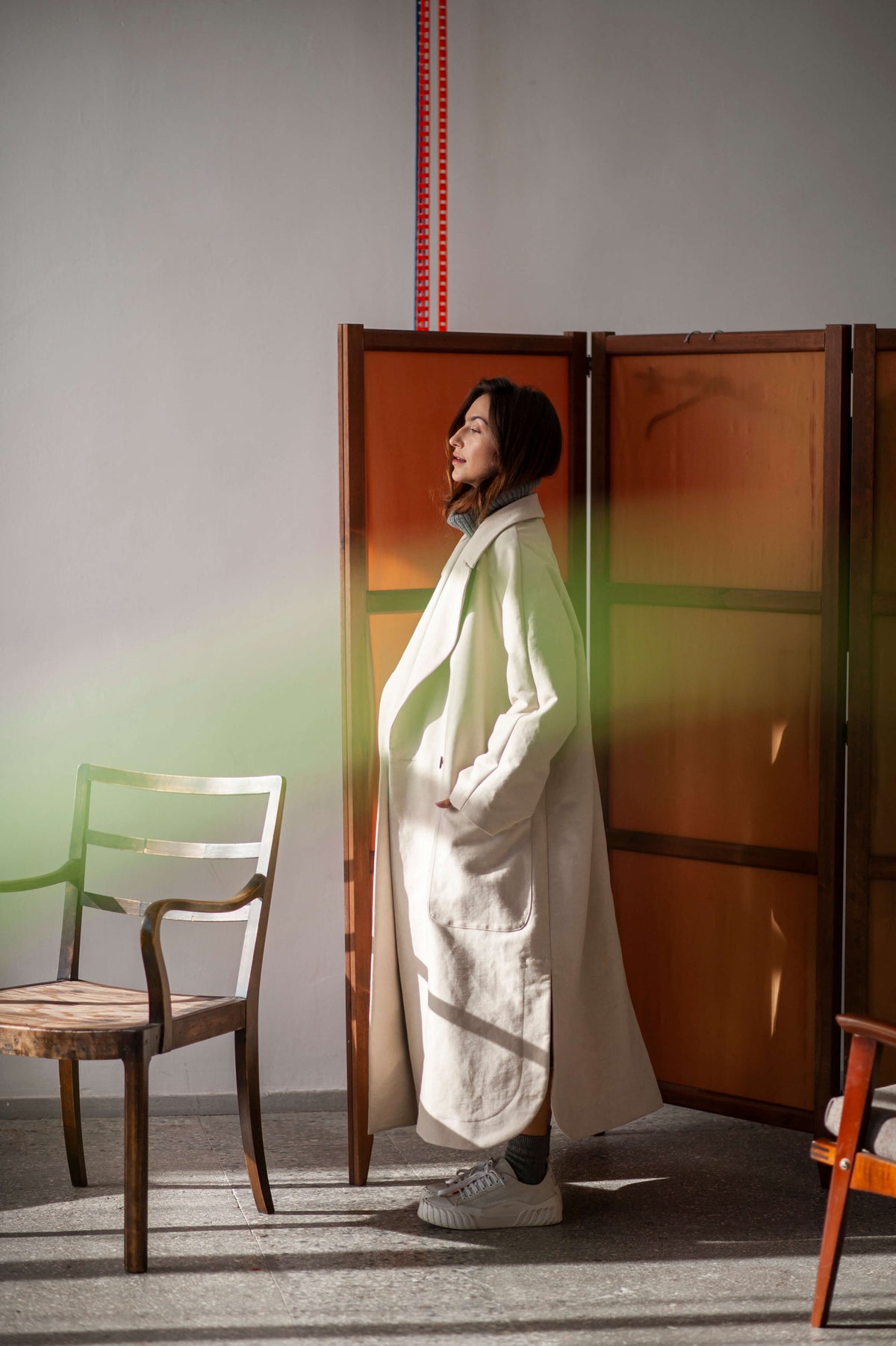 Women's Maxi Cotton Trench Coat – Oversized Beige Raglan Sleeve
