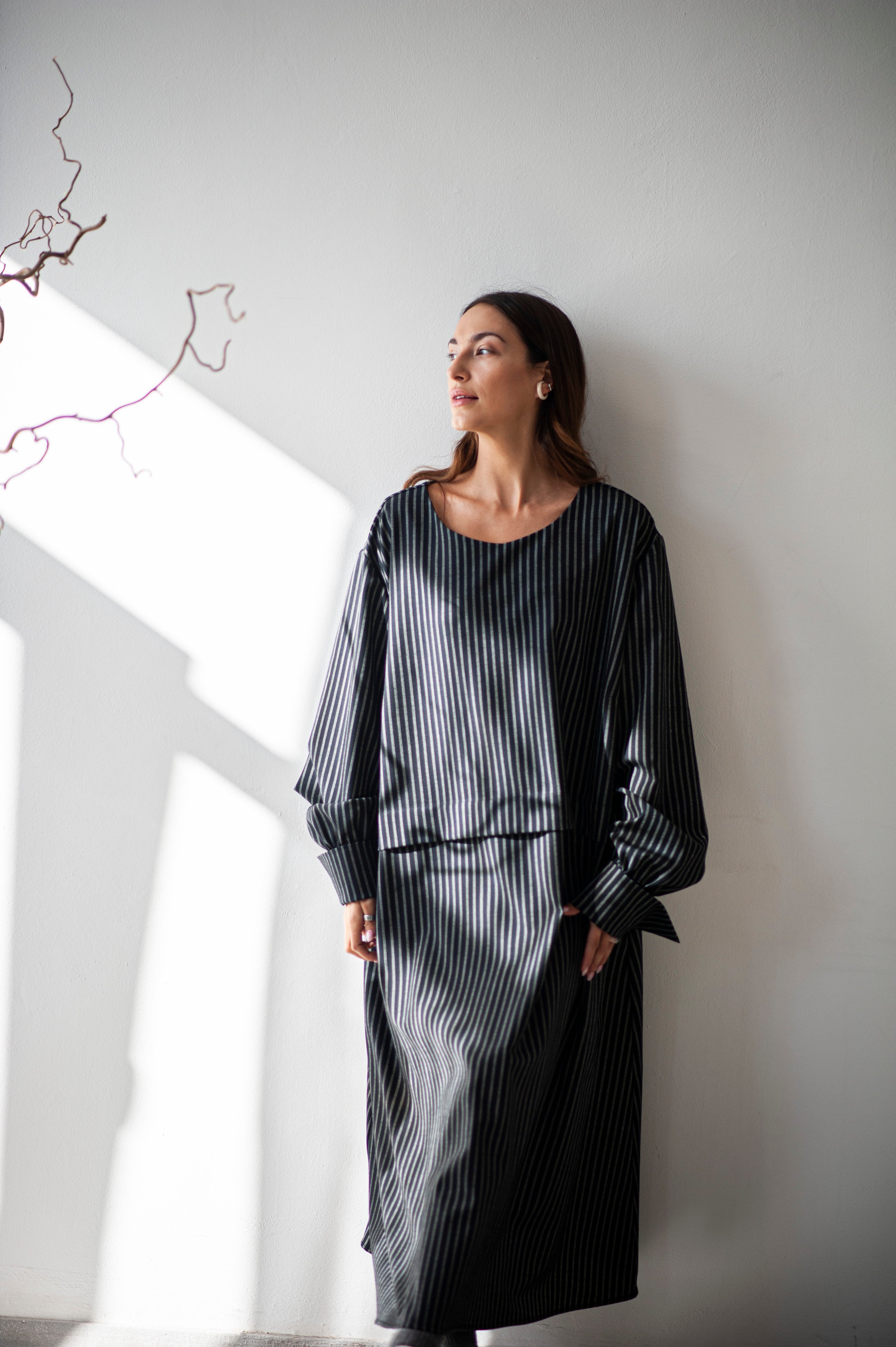 A-line striped loose fit long wool dress LORA