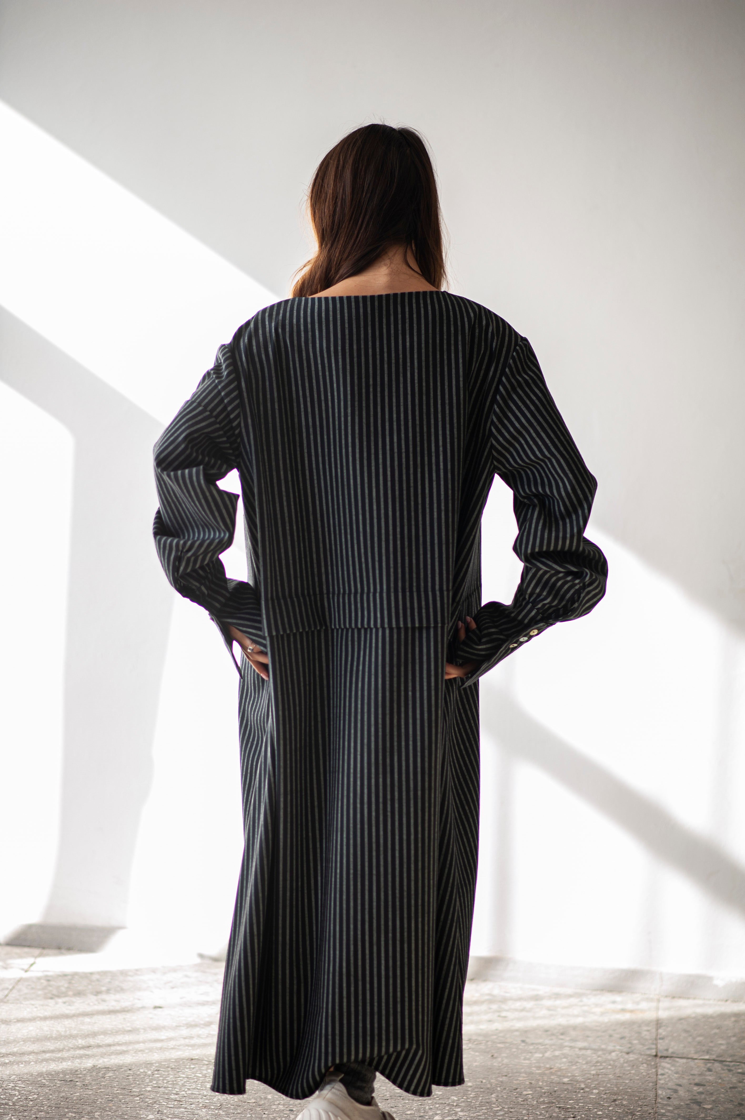 A-line striped loose fit long wool dress LORA