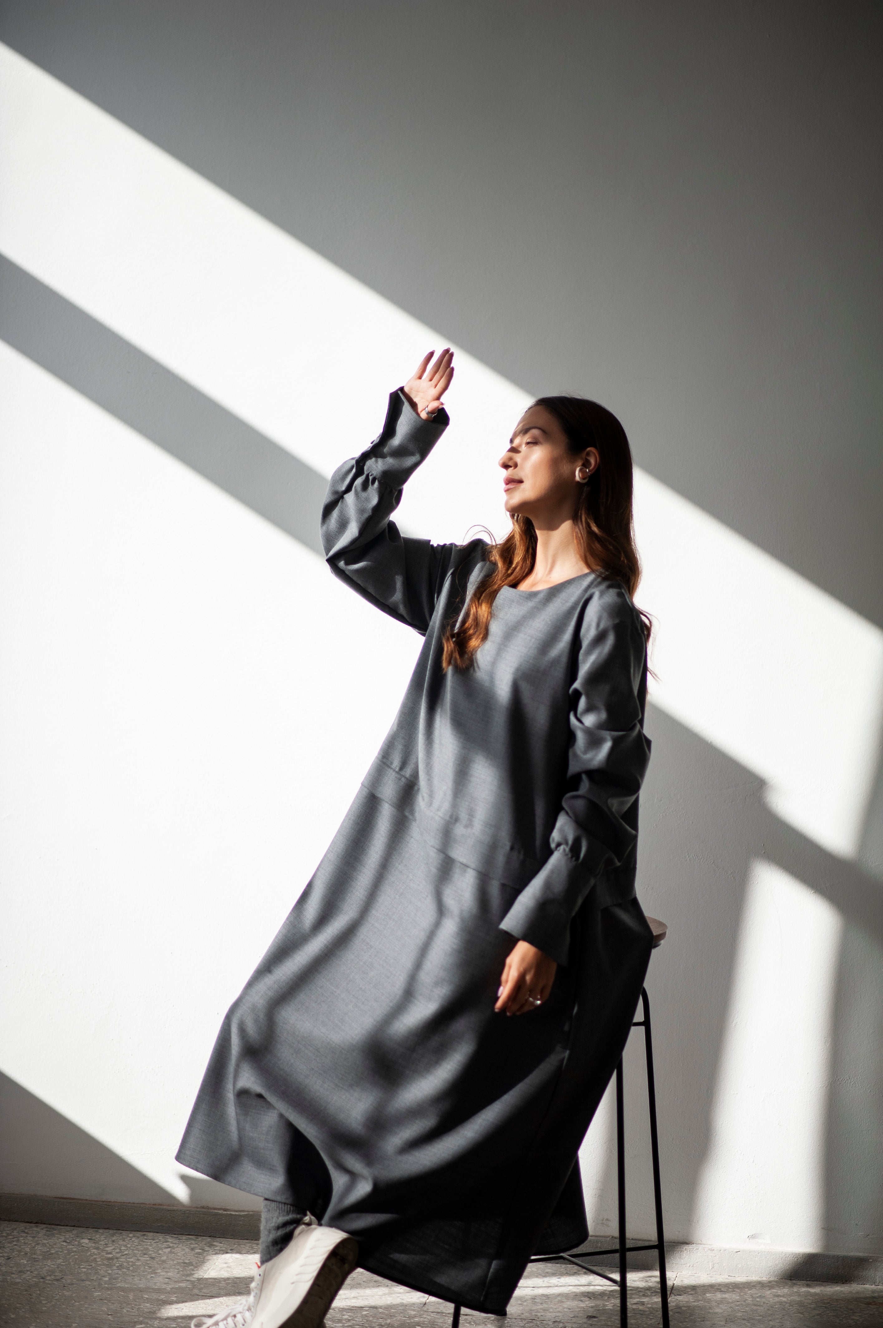 Loose fit ankle length A-line silhouette grey wool dress LORA