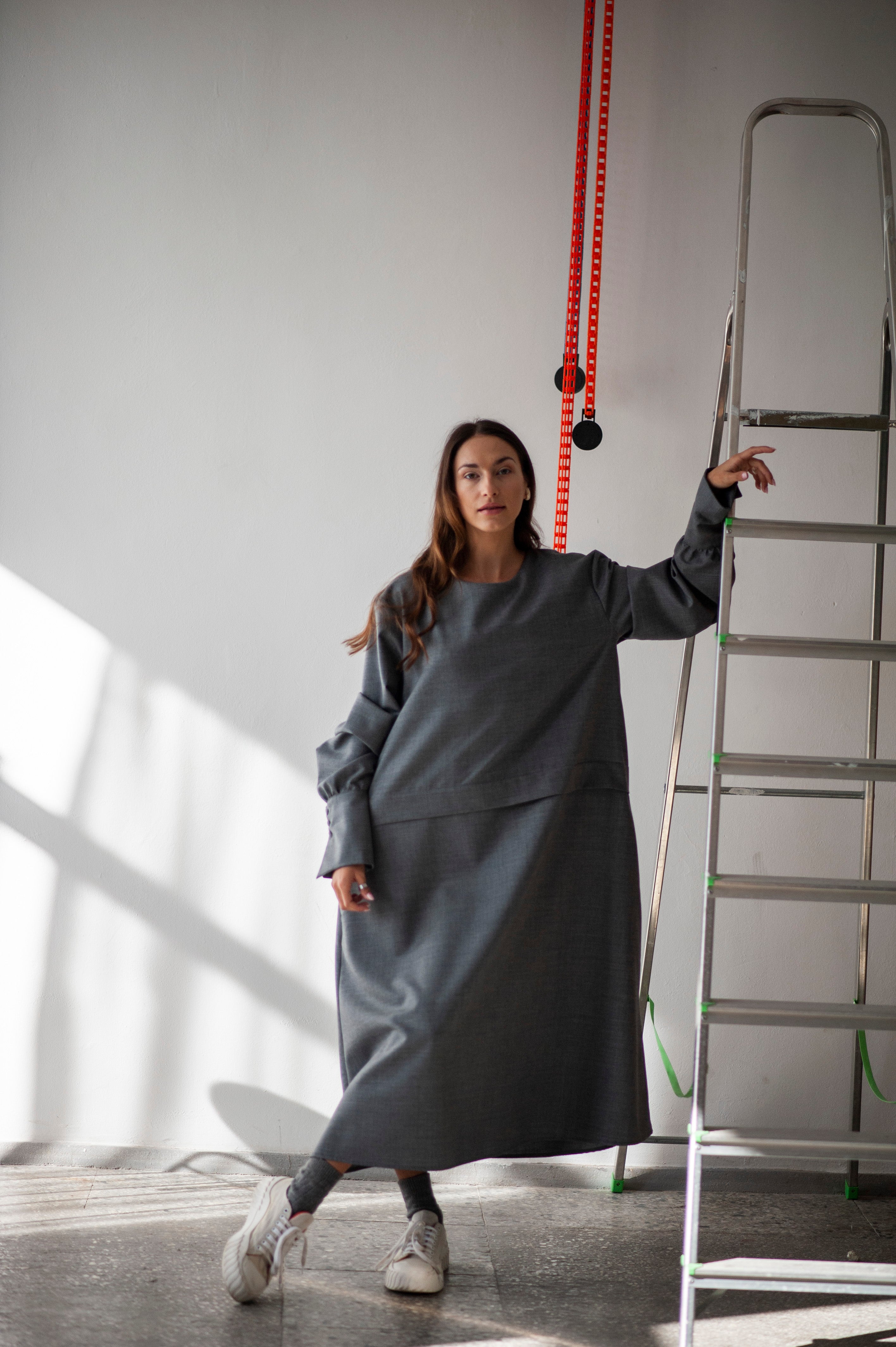 Loose fit ankle length A-line silhouette grey wool dress LORA