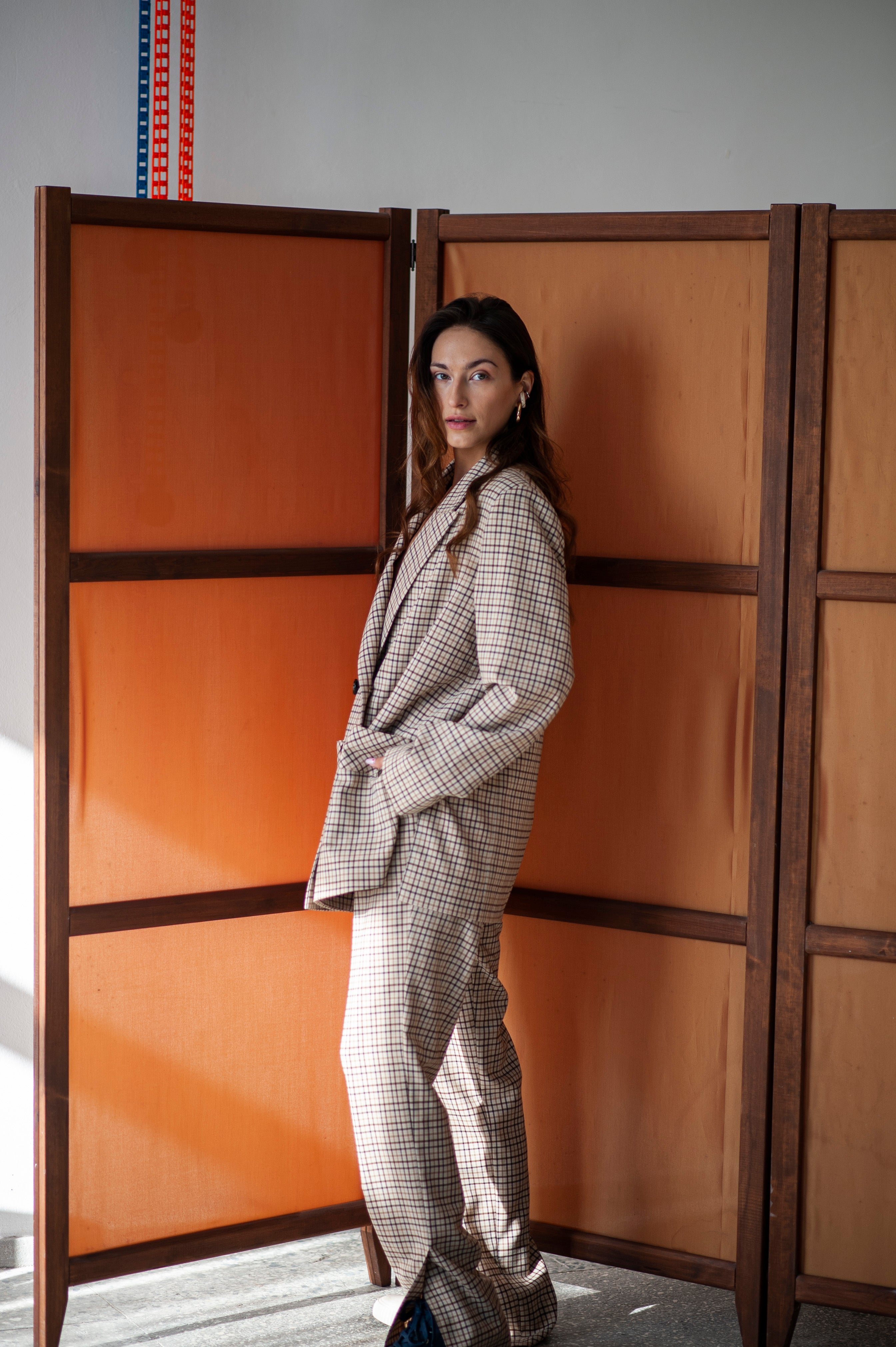 Relaxed fit double-breasted gingham checkered woman's blazer