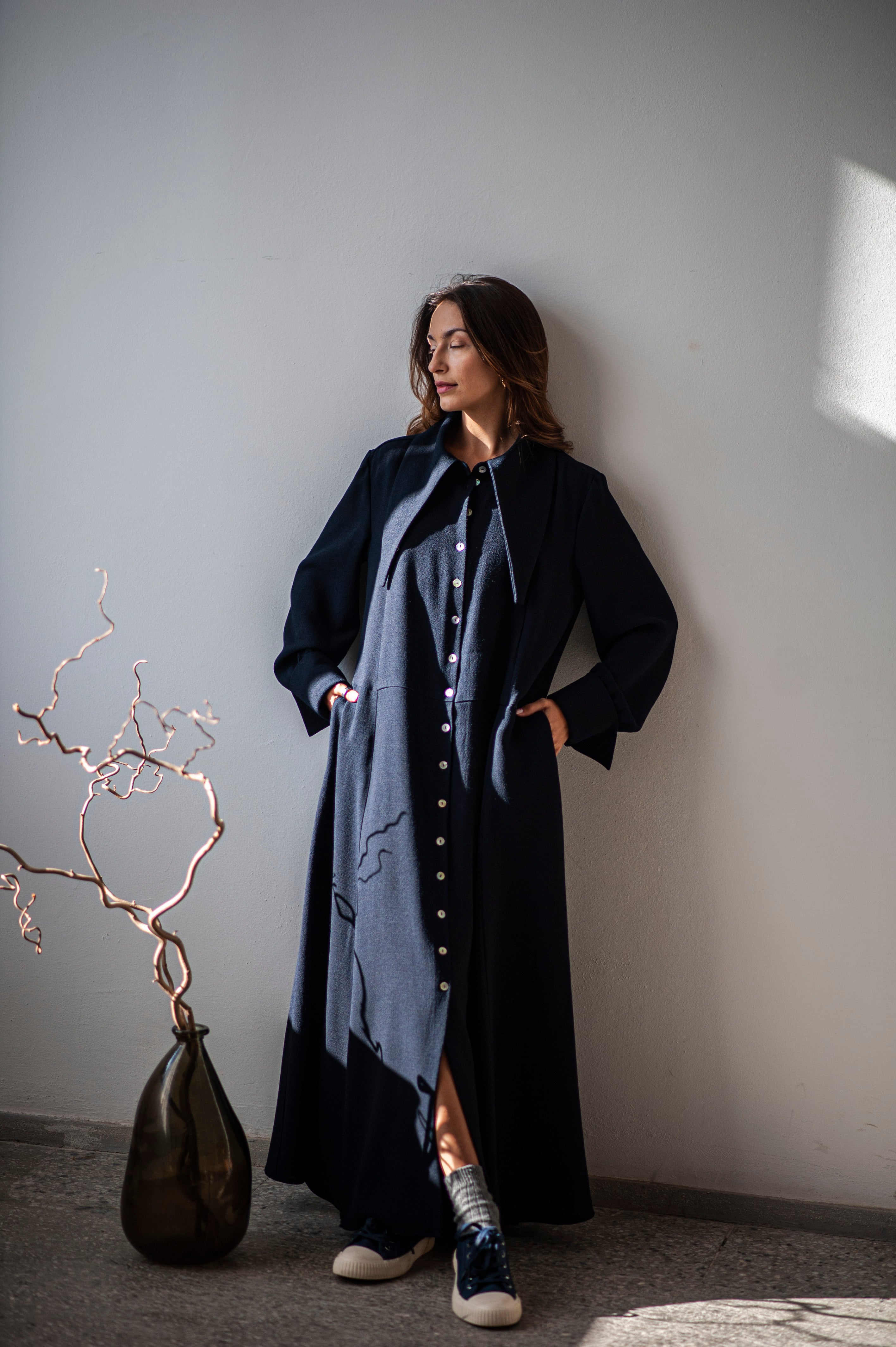 Maxi flared hem shirt dress with fitted waist line