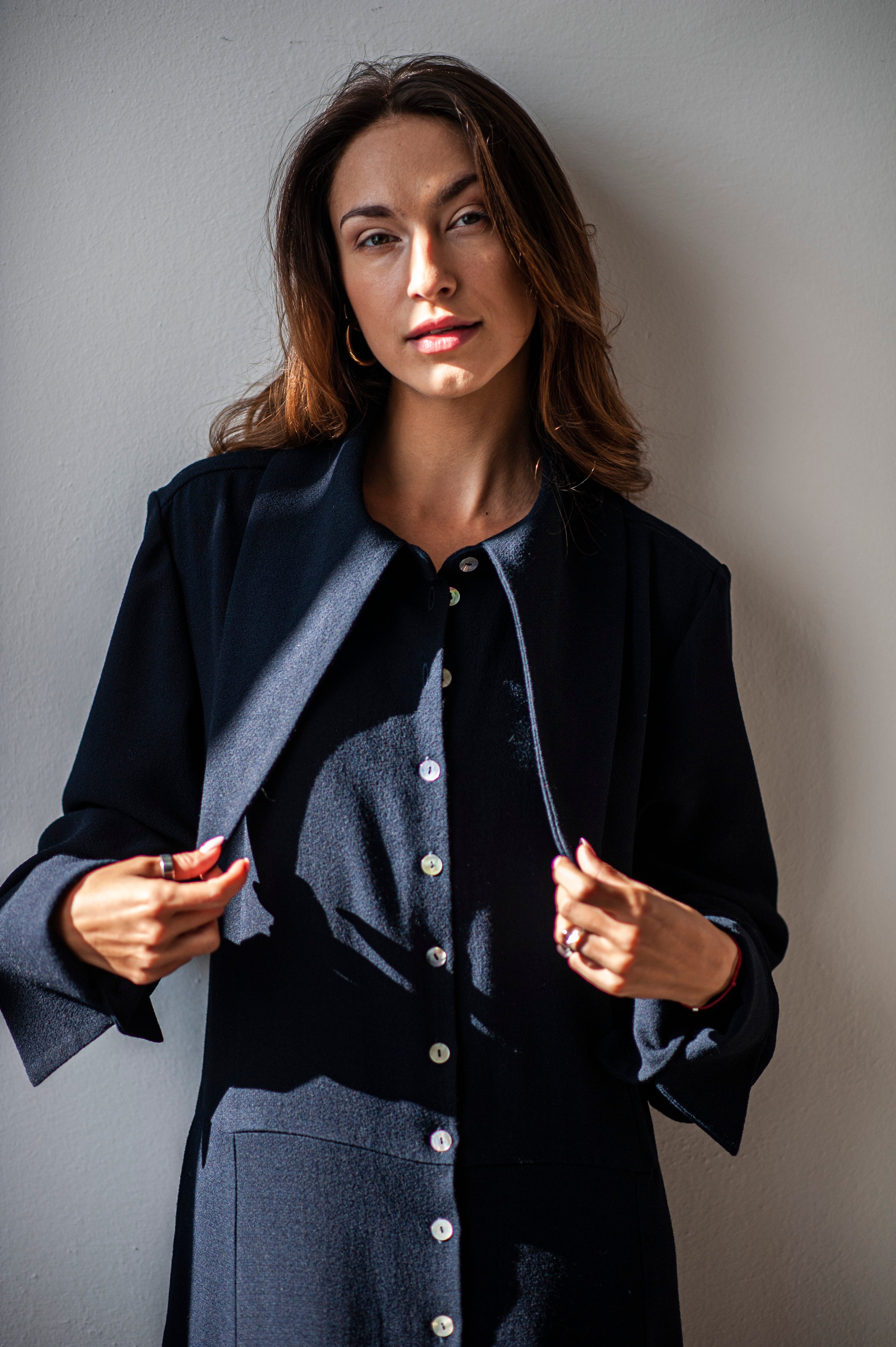 Maxi flared hem shirt dress with fitted waist line