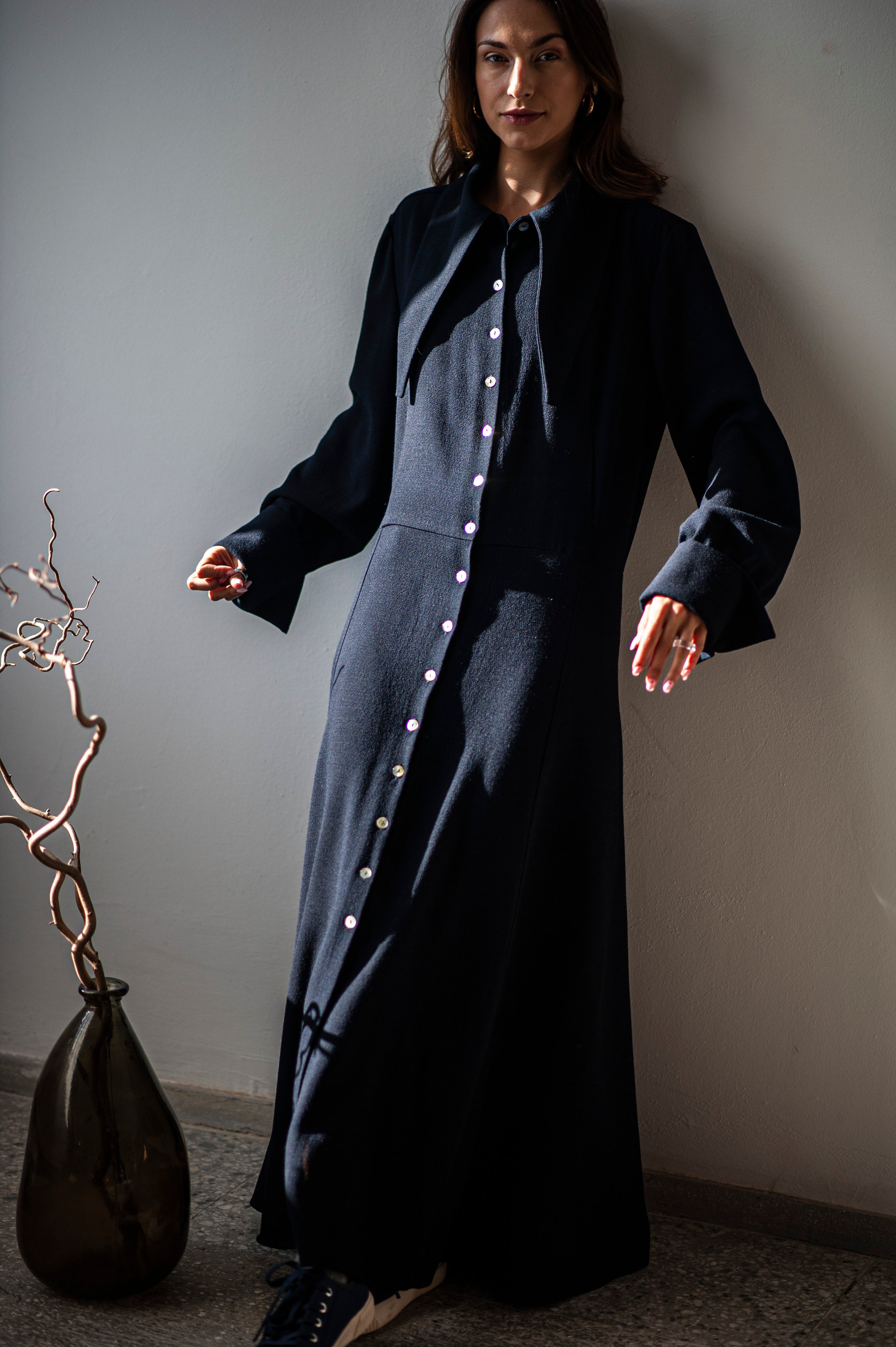 Maxi flared hem shirt dress with fitted waist line