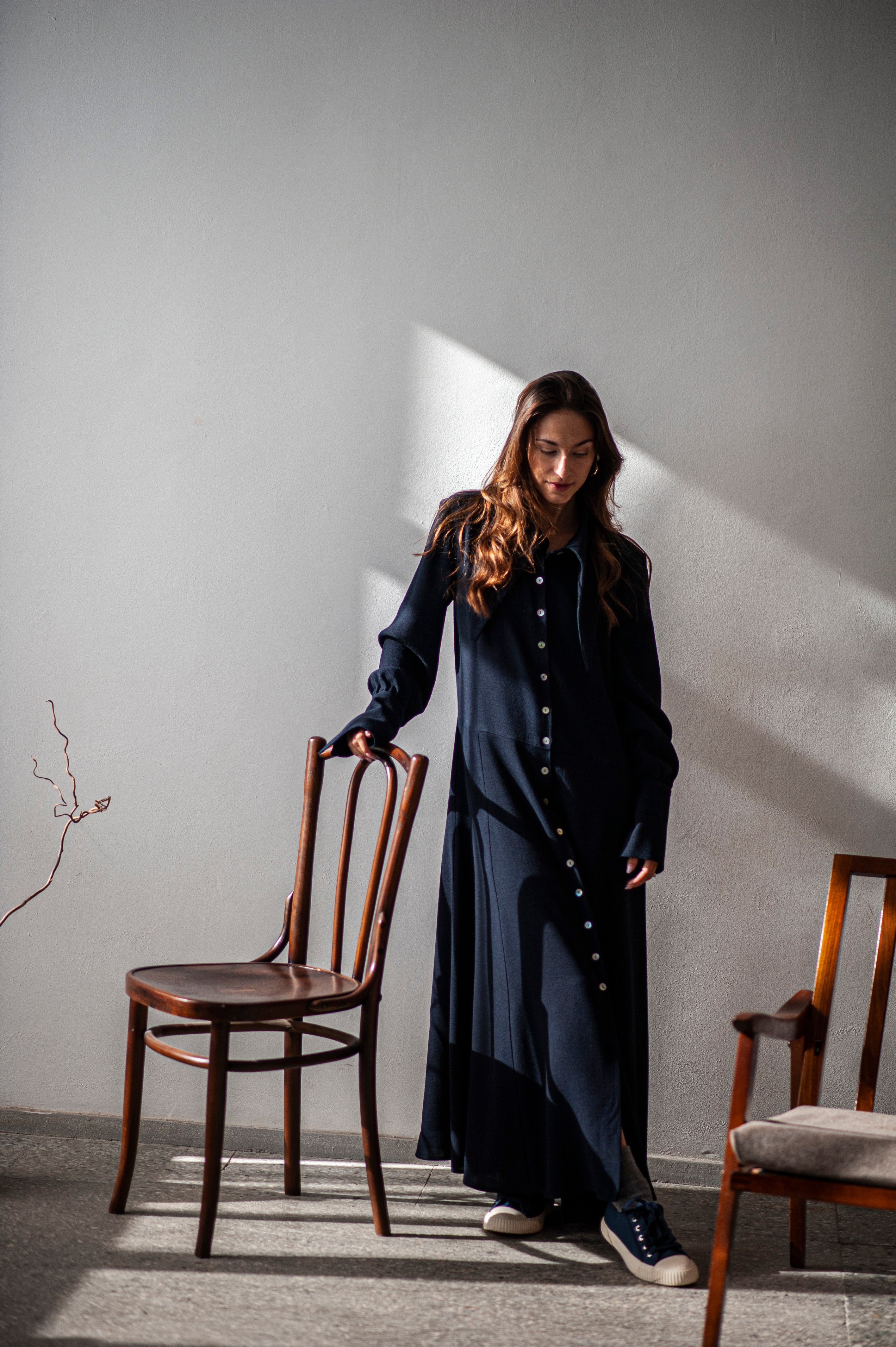 Maxi flared hem shirt dress with fitted waist line
