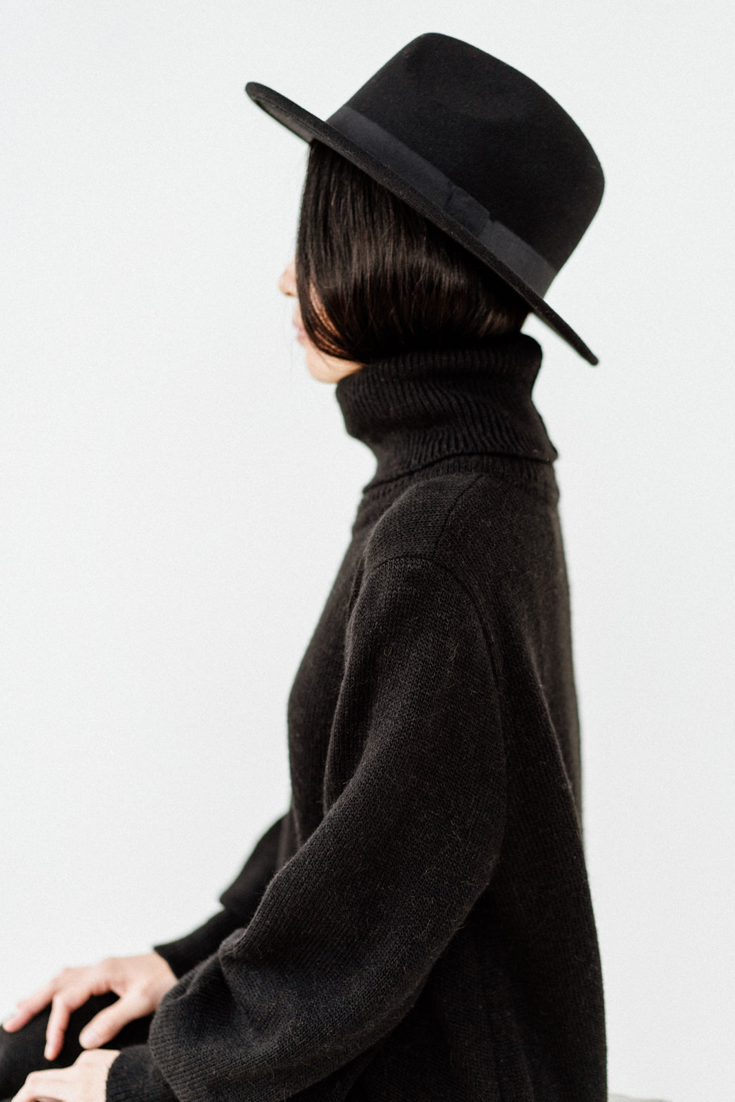 Black Merino wool dress with a turtleneck