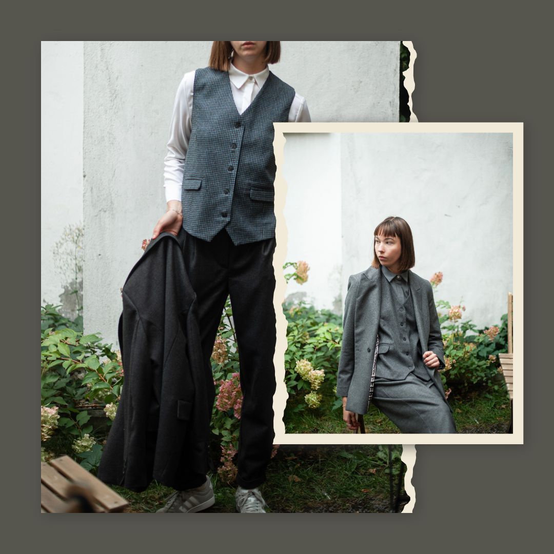 A collage of women's outfits made of premium quality wool. The model is rocking a merino wool shirt, a classic tweed wool suit vest with a cinched waist, and a double-breasted blazer.