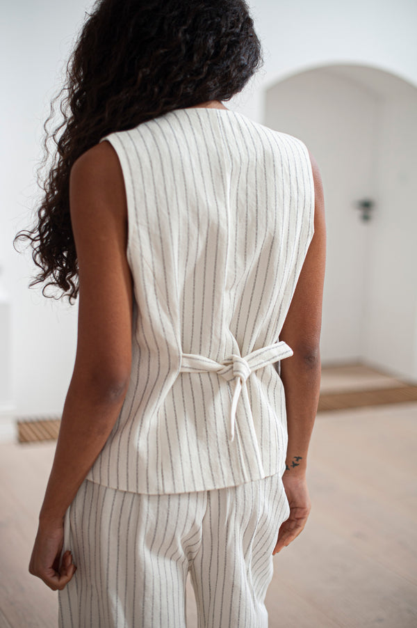 Cinched back classic striped waistcoat for women. Perfect for summer and all-year-round layering