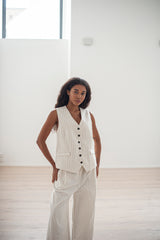Two-piece set of a classic striped waistcoat and matching wide-leg trousers