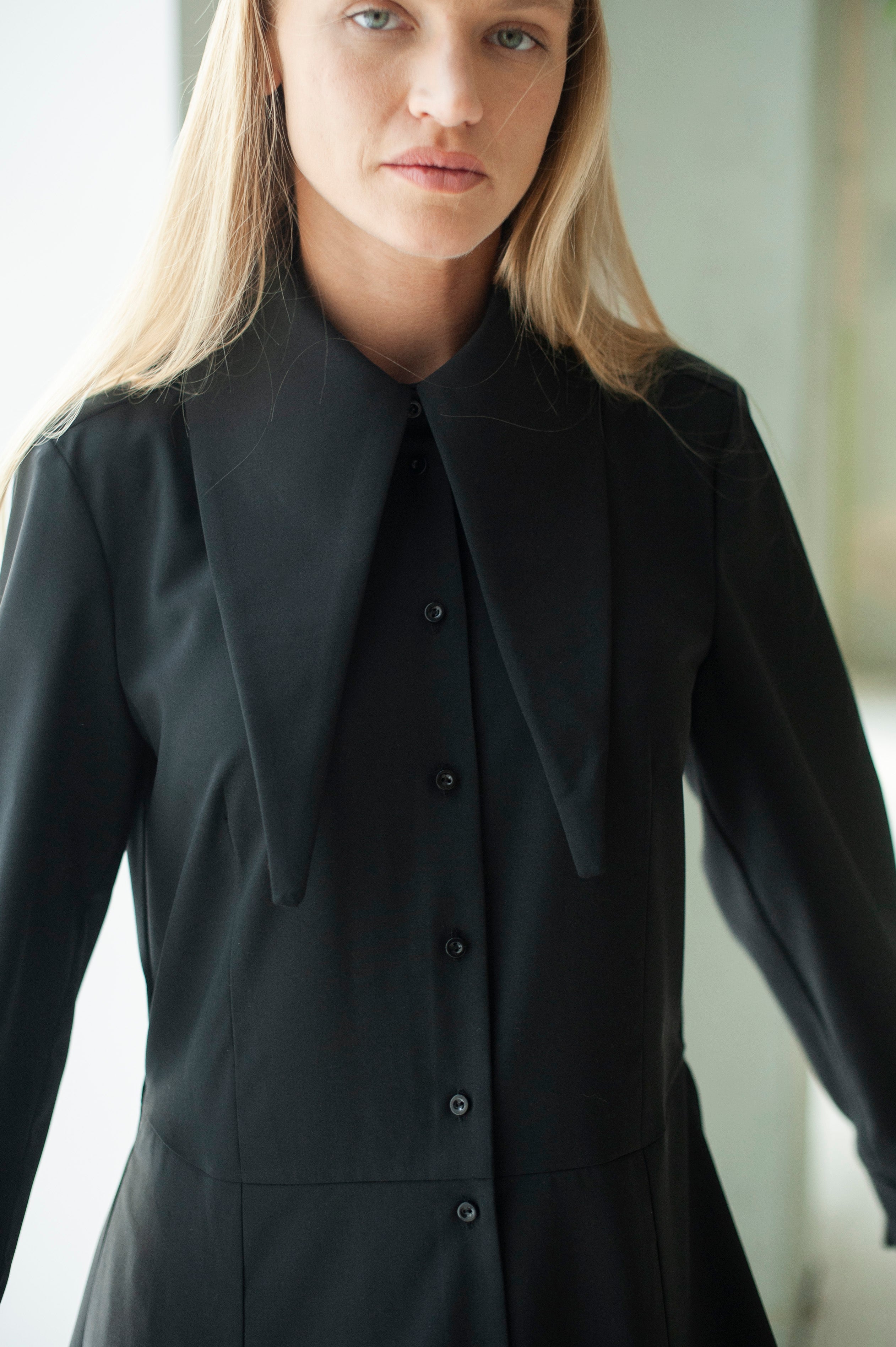 Black Wool Maxi Shirt Dress – Long Sleeve Minimalist Elegant dress with large collar