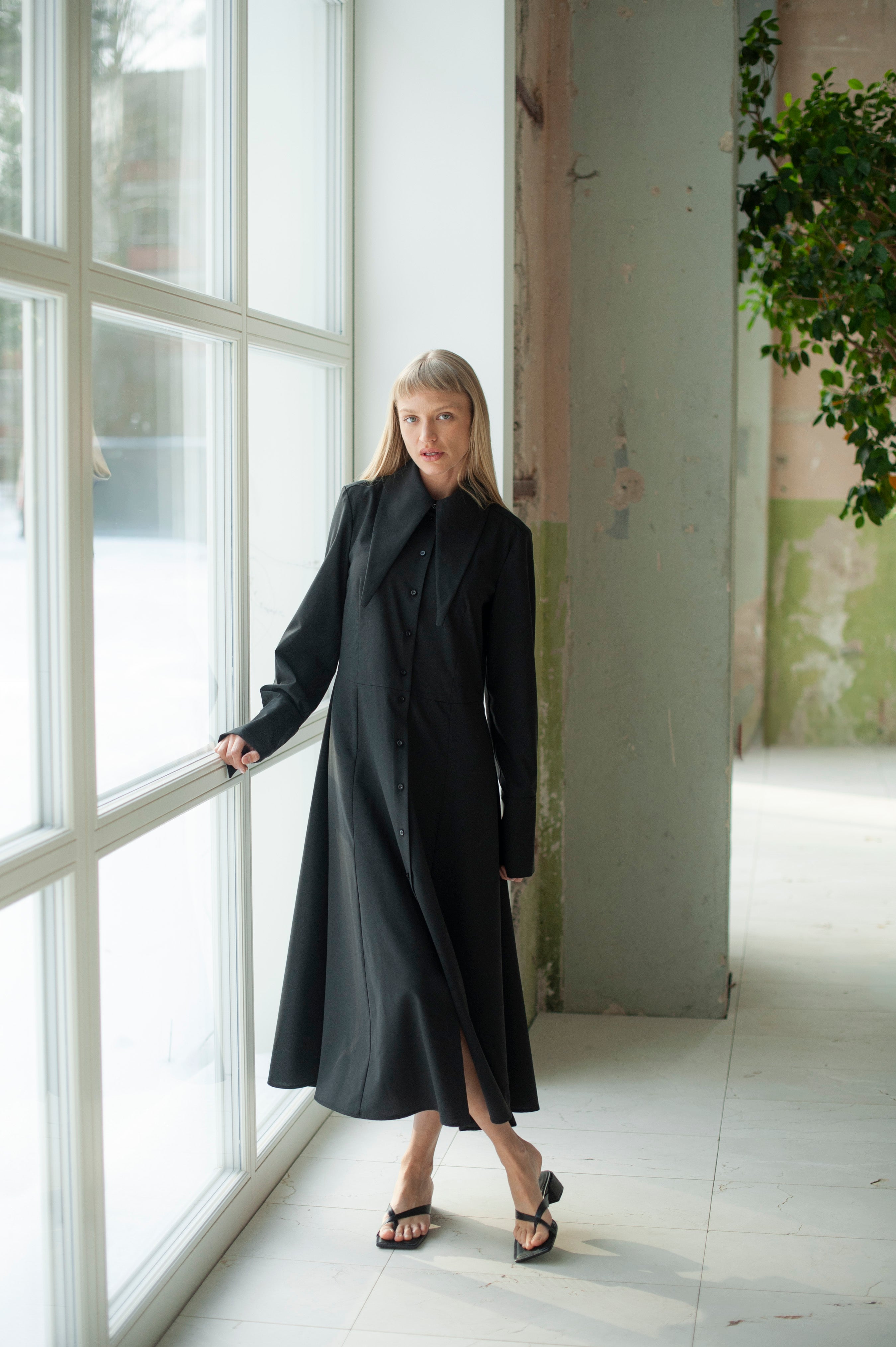 Black Wool Maxi Shirt Dress – Long Sleeve Minimalist Elegant dress with large collar
