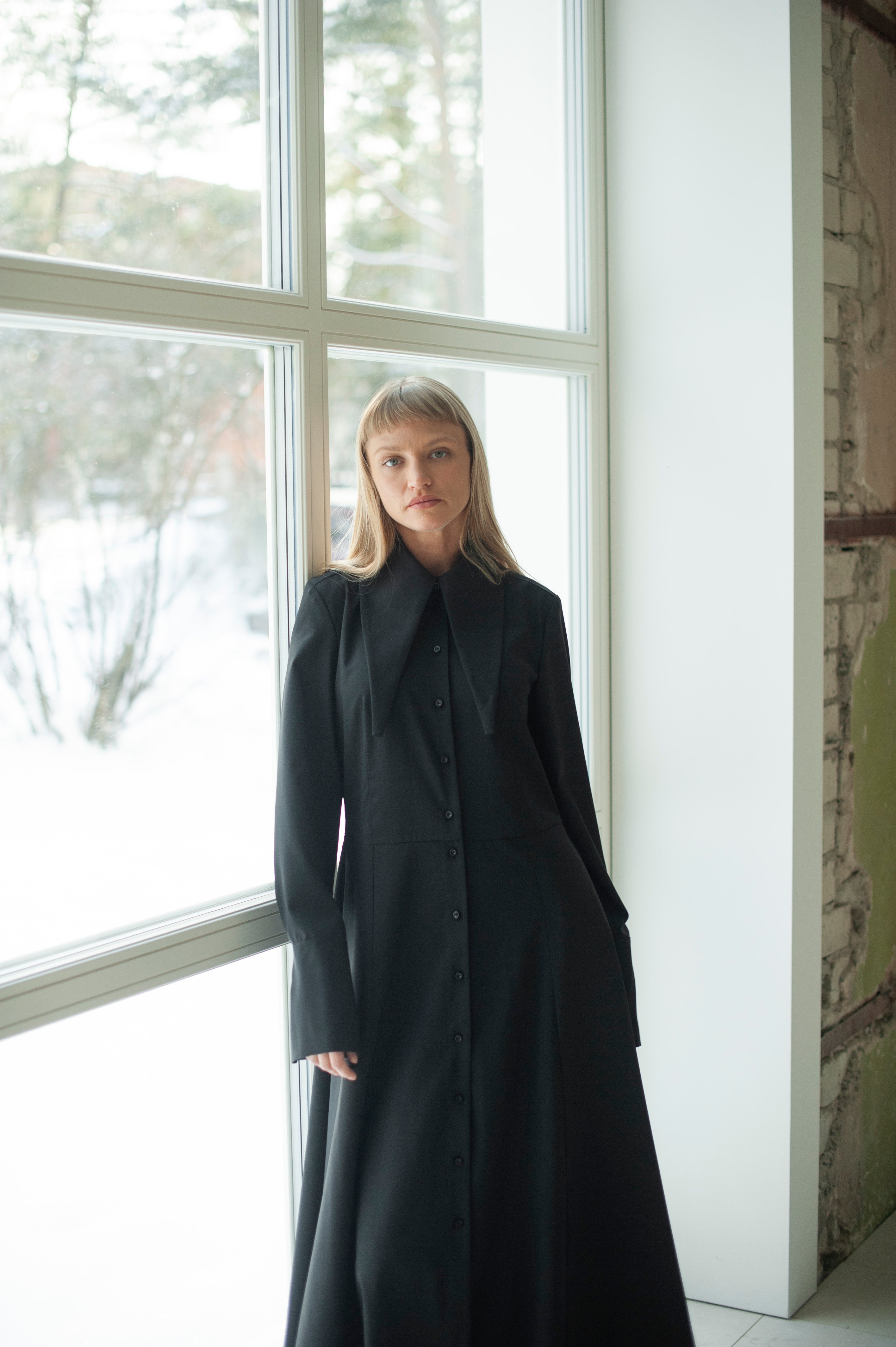 Black Wool Maxi Shirt Dress – Long Sleeve Minimalist Elegant dress with large collar