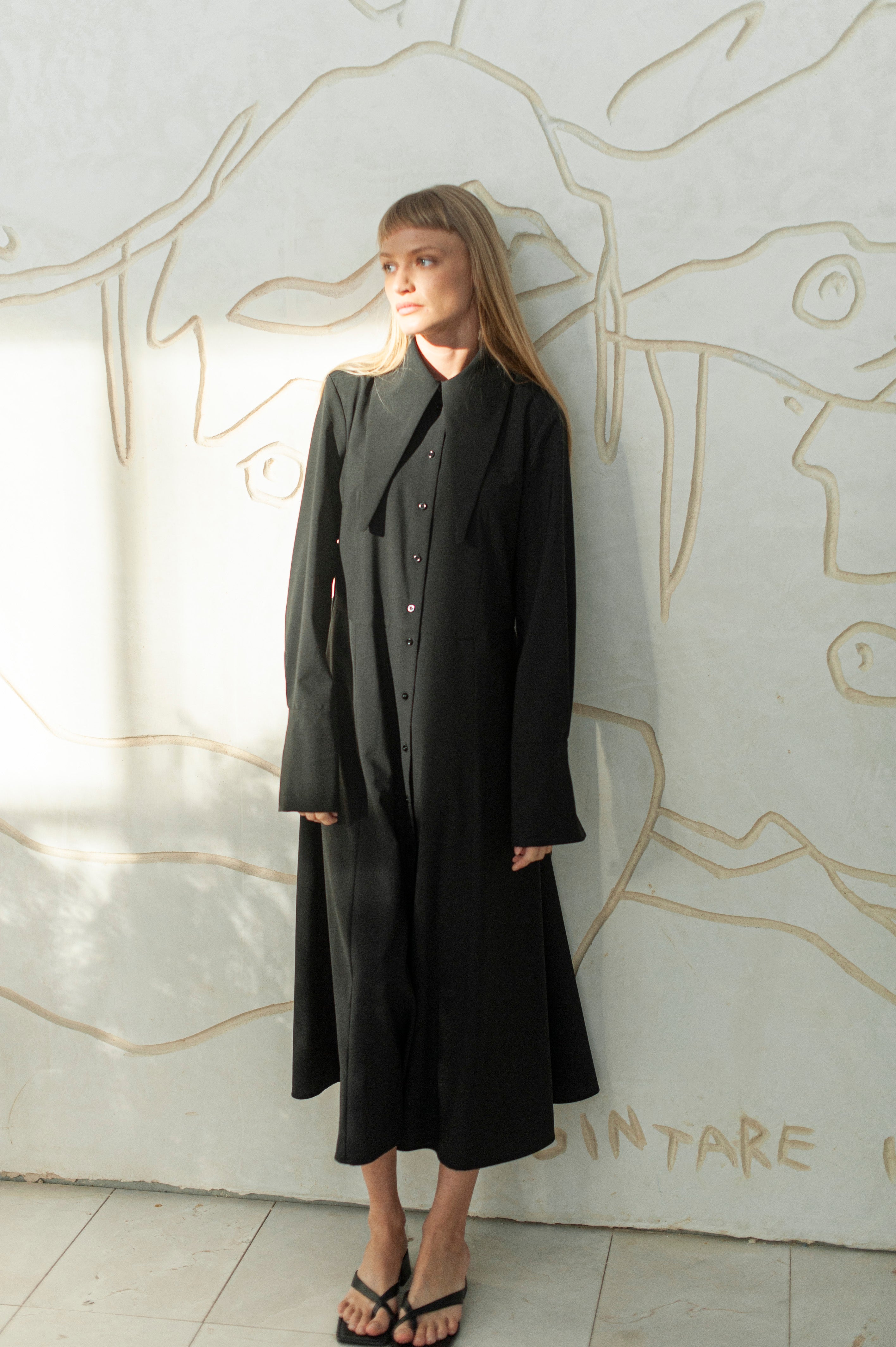 Black Wool Maxi Shirt Dress – Long Sleeve Minimalist Elegant dress with large collar