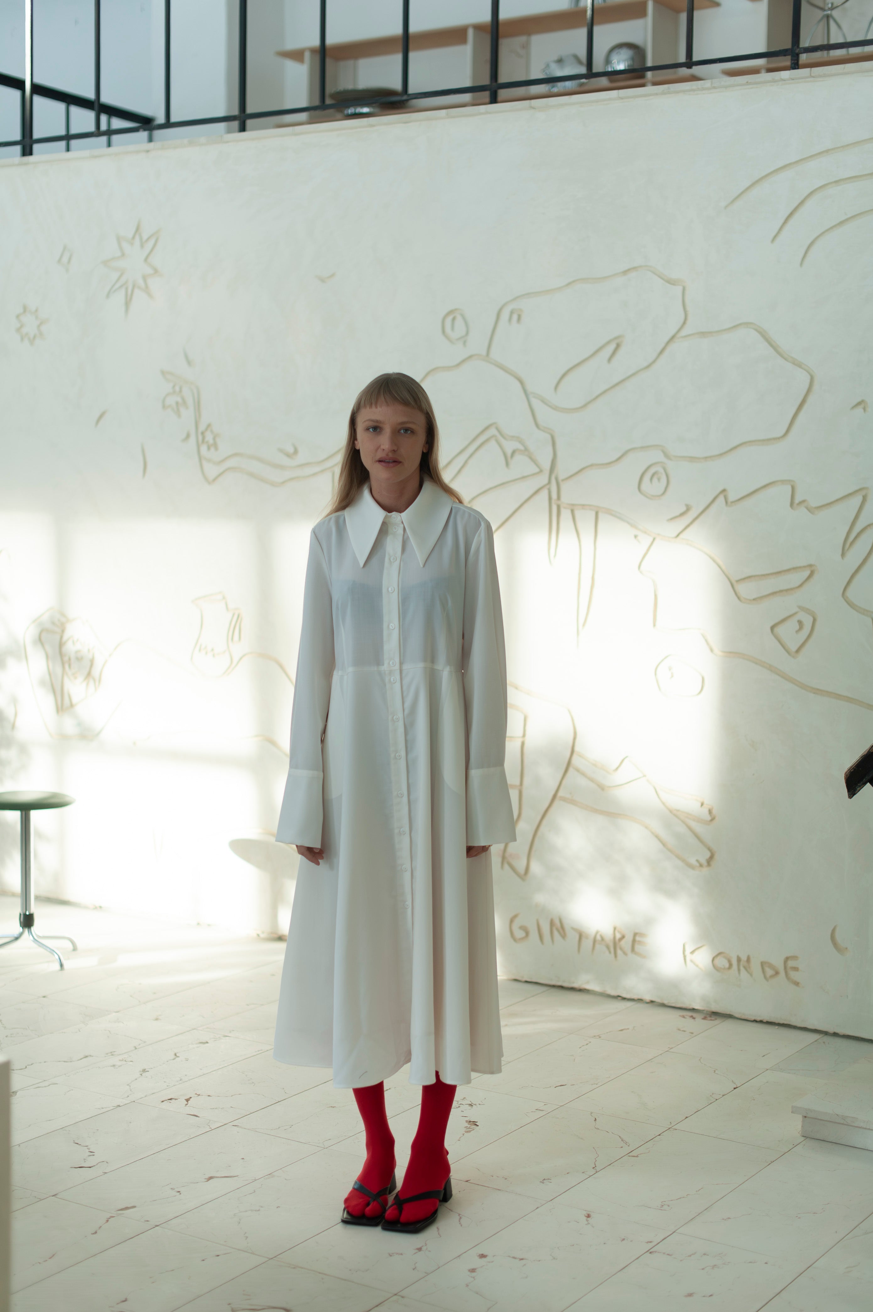 White Merino Wool Maxi Shirt Dress – Long Sleeve Minimalist Elegant dress with medium collar