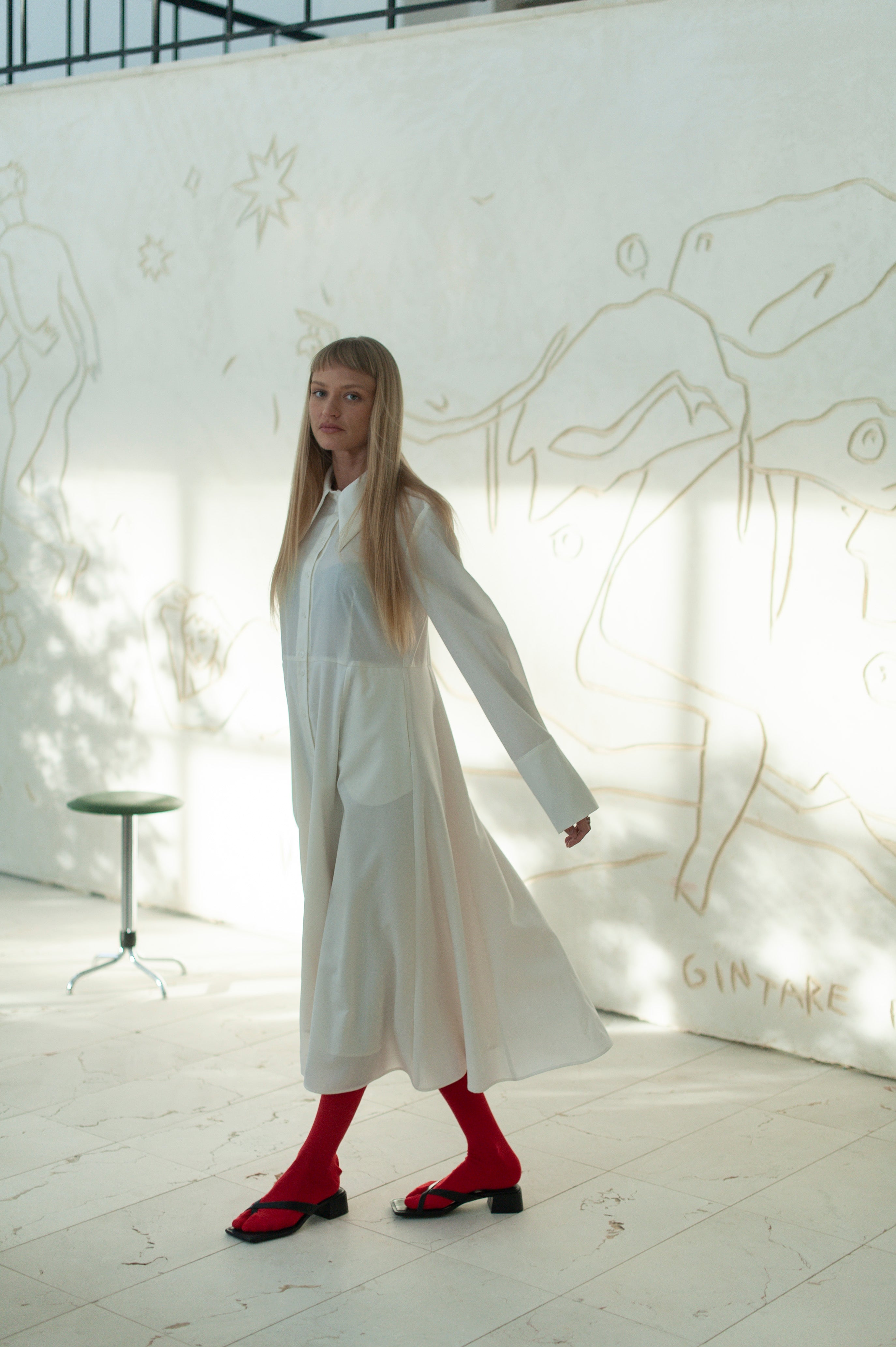 White Merino Wool Maxi Shirt Dress – Long Sleeve Minimalist Elegant dress with medium collar