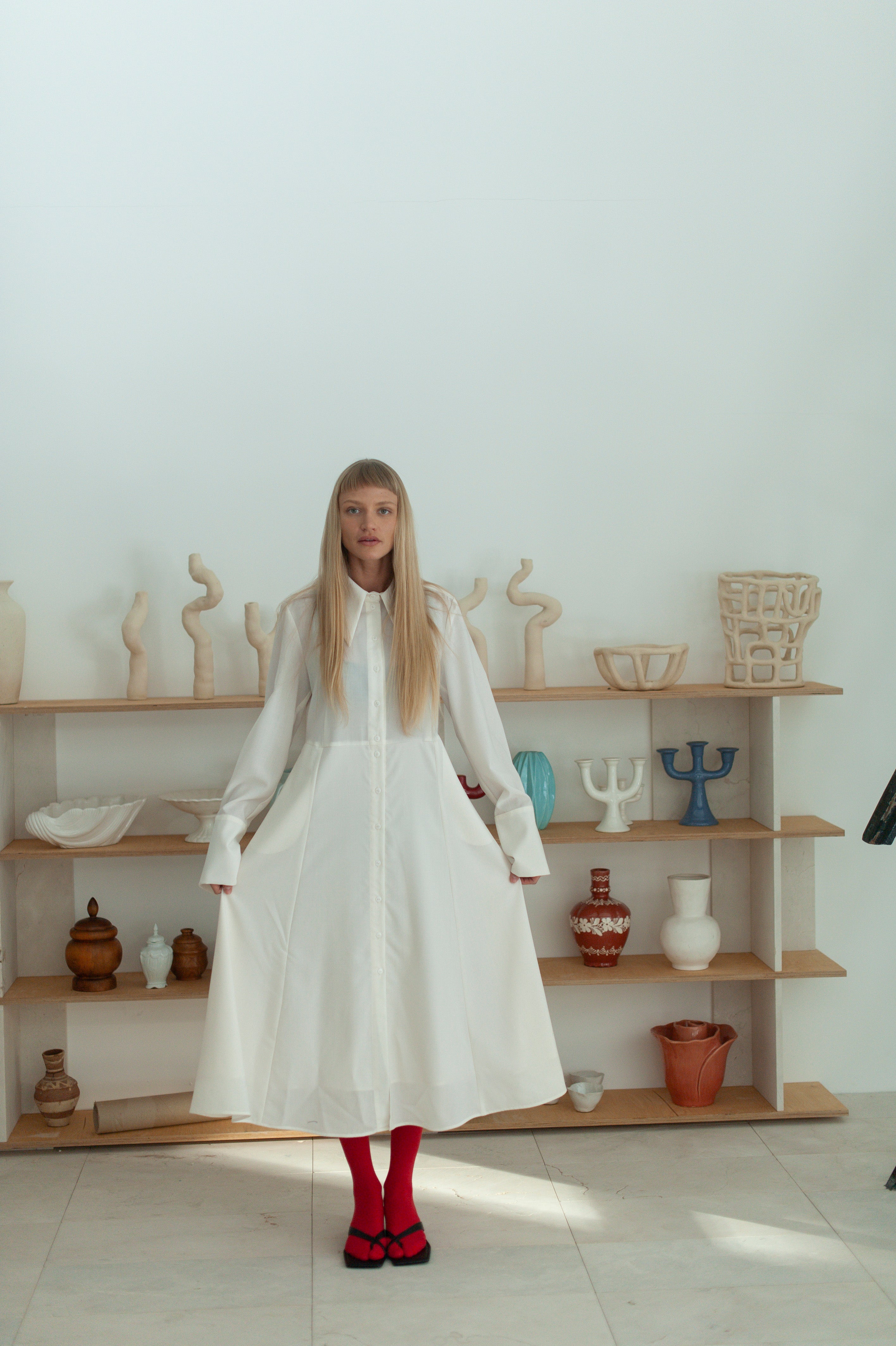 White Merino Wool Maxi Shirt Dress – Long Sleeve Minimalist Elegant dress with medium collar