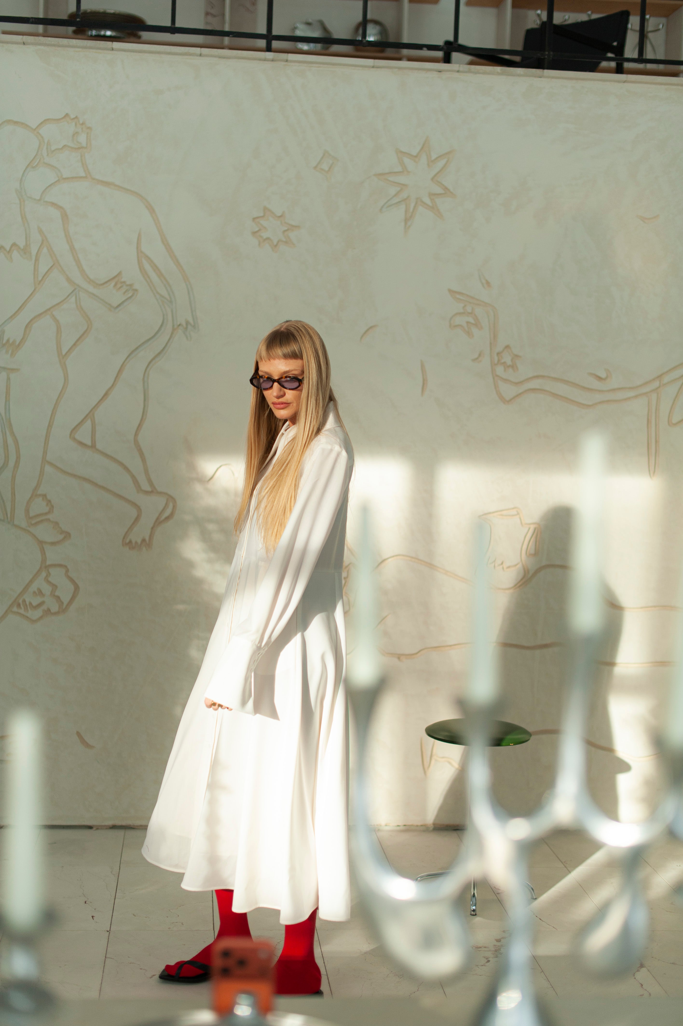 White Merino Wool Maxi Shirt Dress – Long Sleeve Minimalist Elegant dress with medium collar