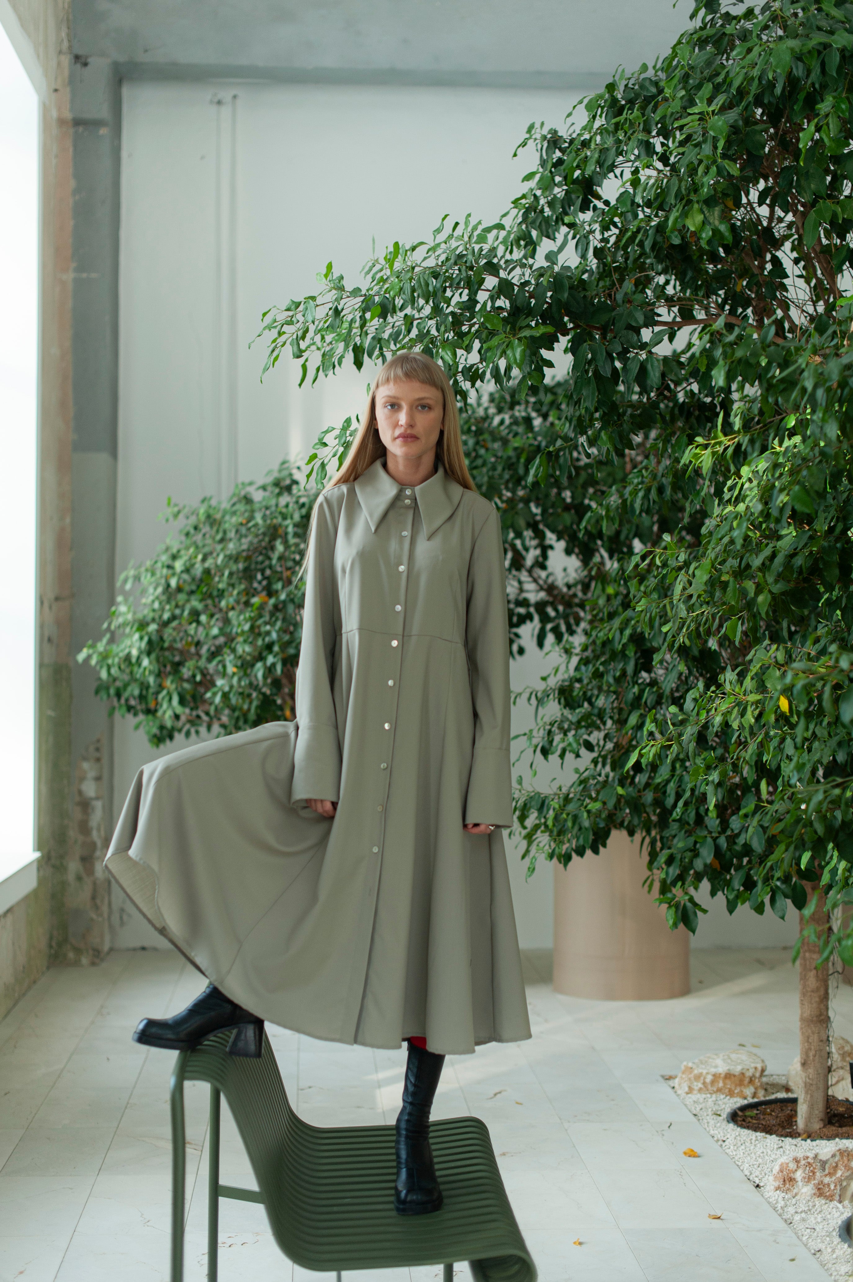 Beige Merino Wool Maxi Shirt Dress 