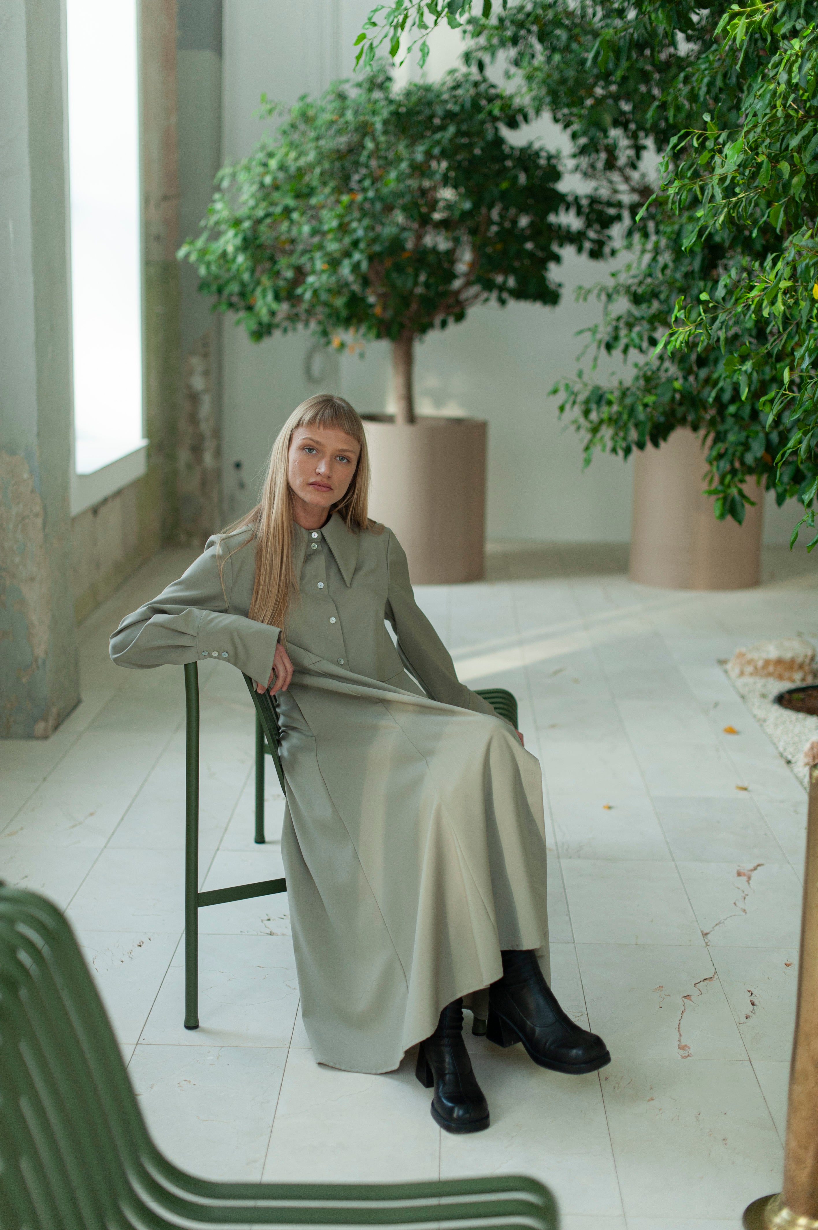 Beige Merino Wool Maxi Shirt Dress 