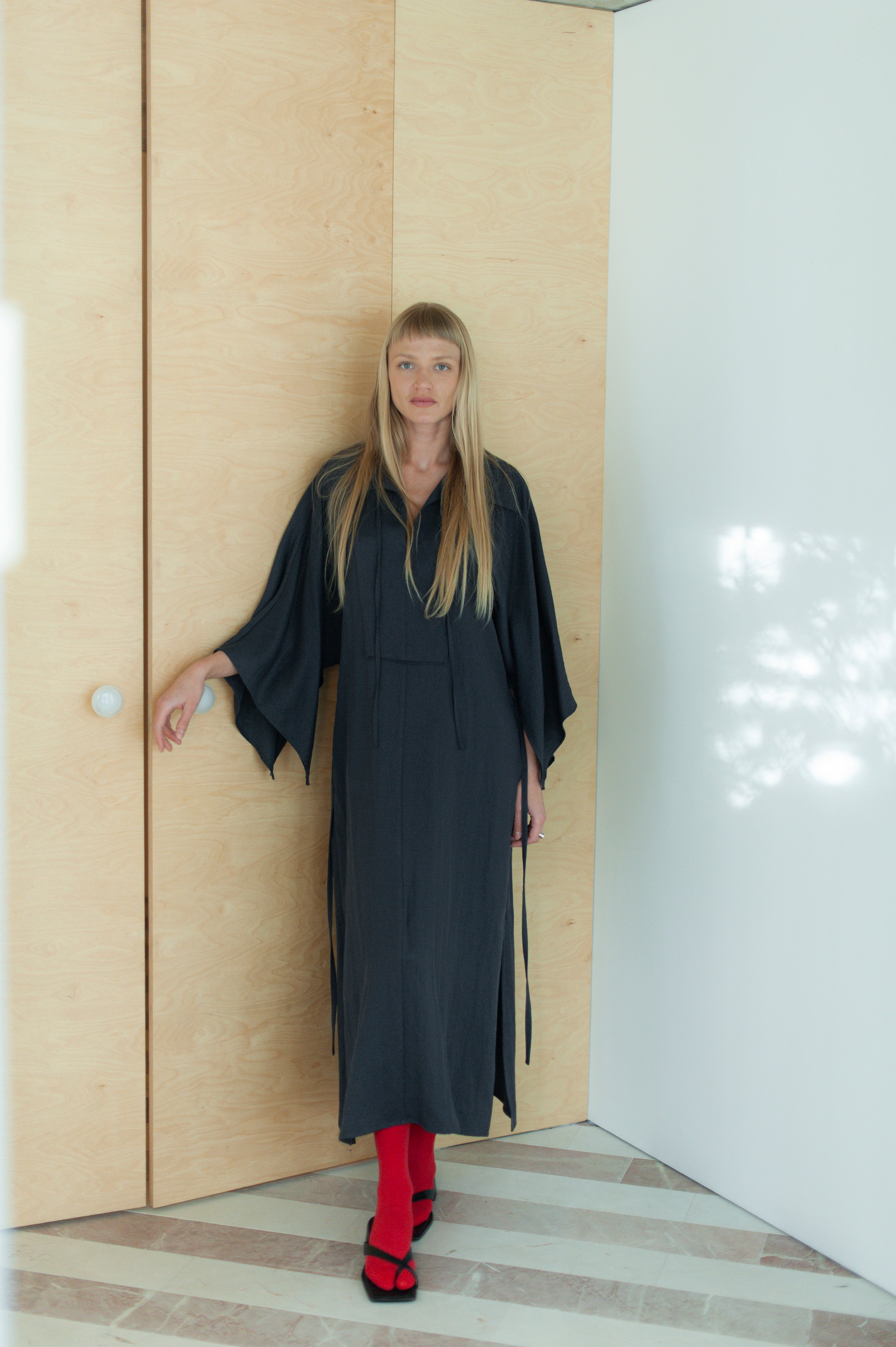 Flowy Gray Merino Wool Long Dress Kimono Sleeve Minimalist Shirt Col Flowy Gray Merino Wool Long Dress Kimono Sleeve Minimalist Shirt Col