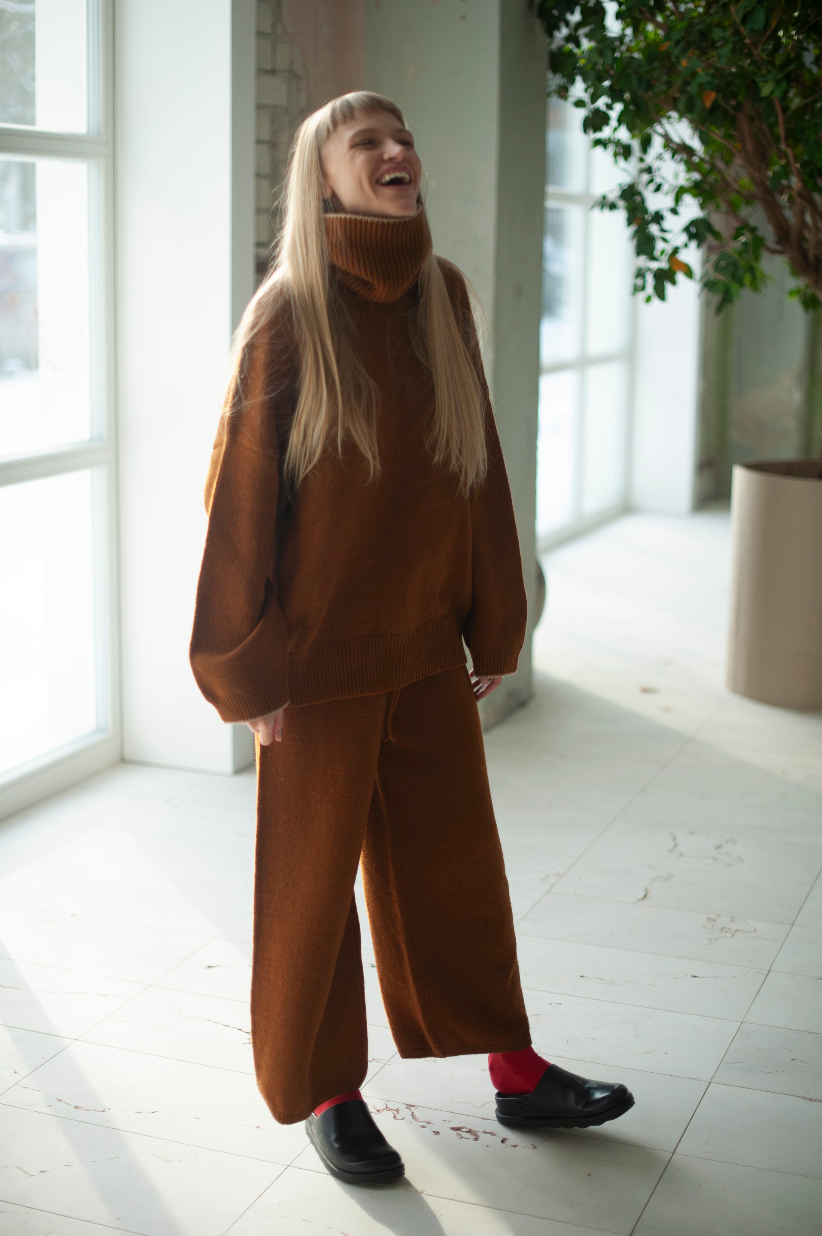 Merino Wool Lounge wear knitted suit with Palazo pants and oversized turtleneck knitted jumper