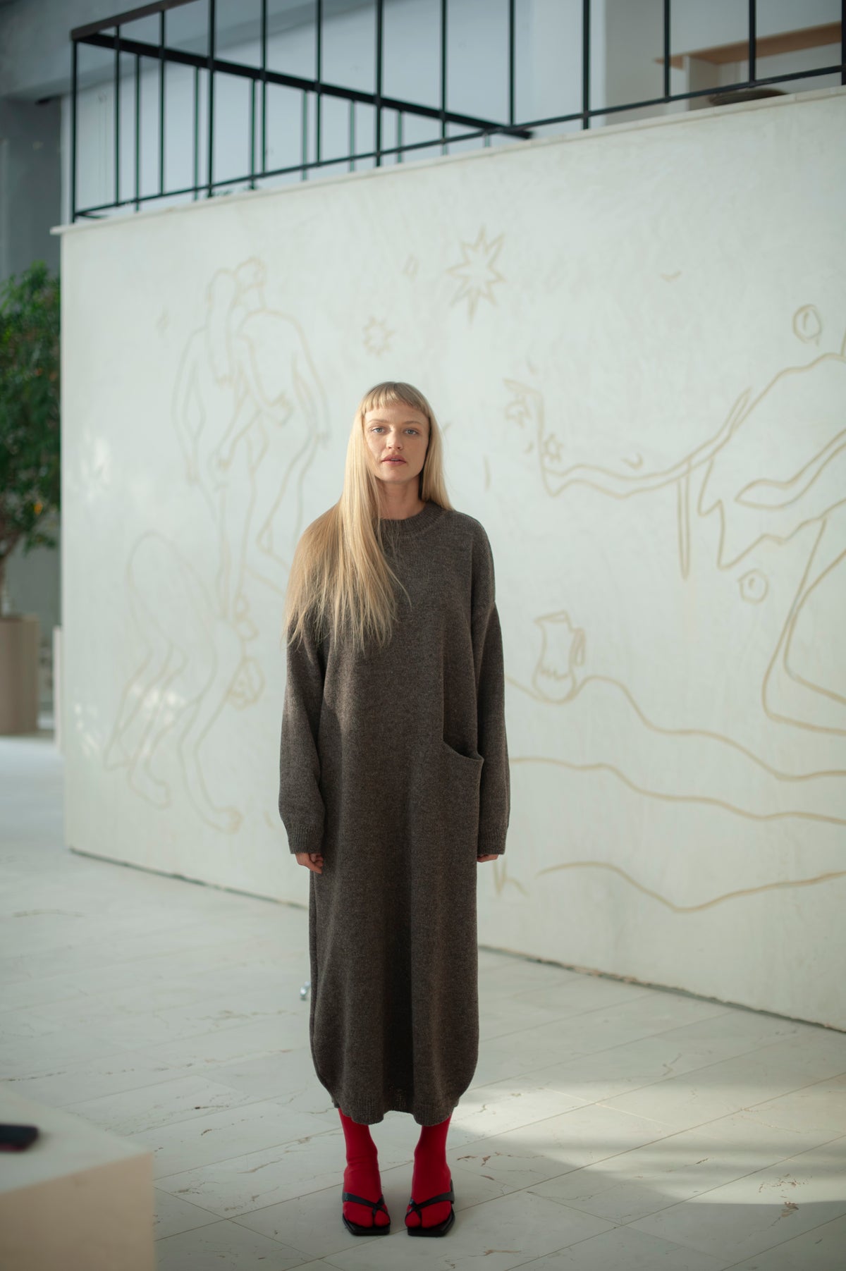 Soft Wool Oversized Long Knit Dress with Pocket | Brown Melange