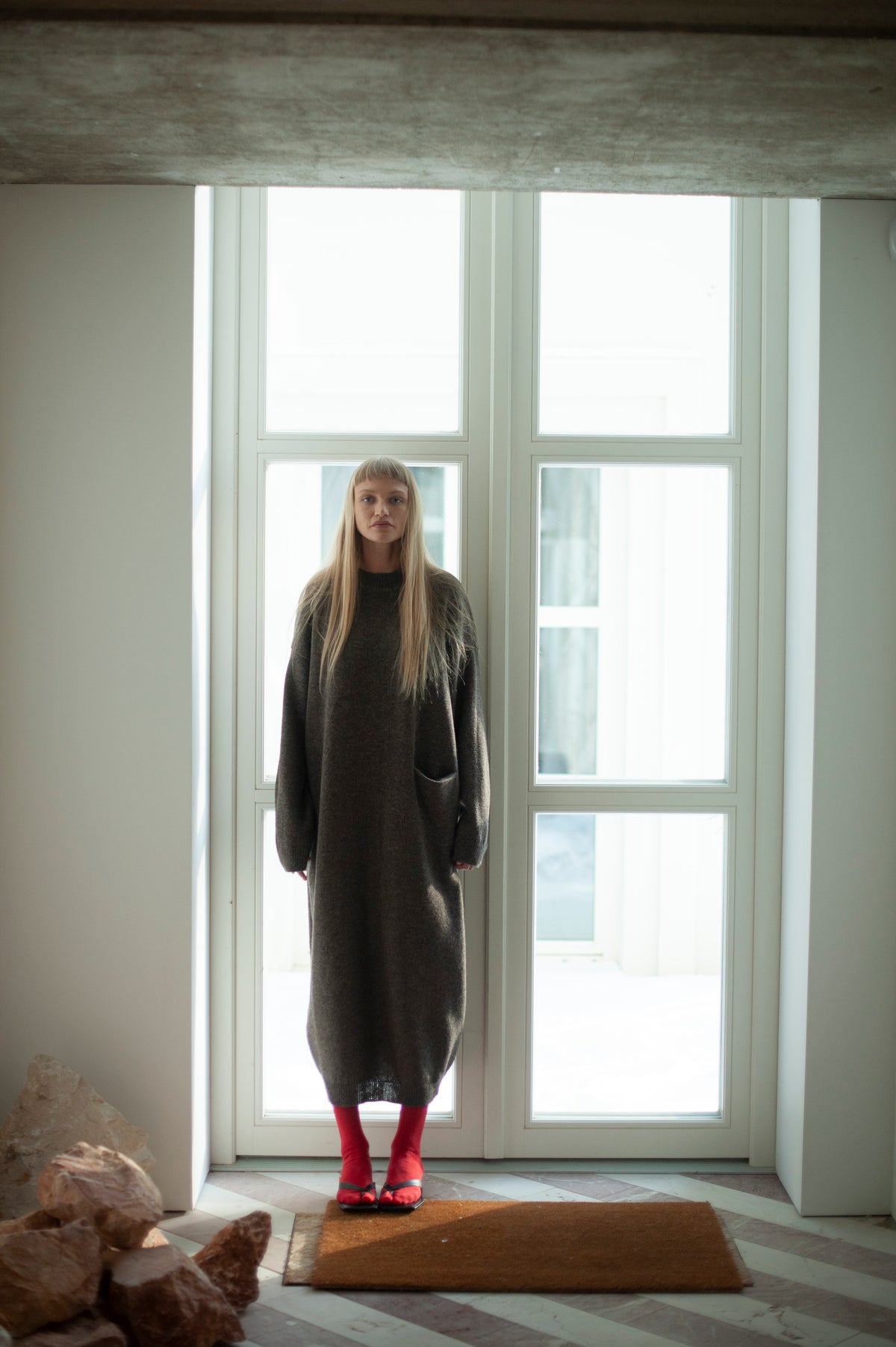 Soft Wool Oversized Long Knit Dress with Pocket | Brown Melange