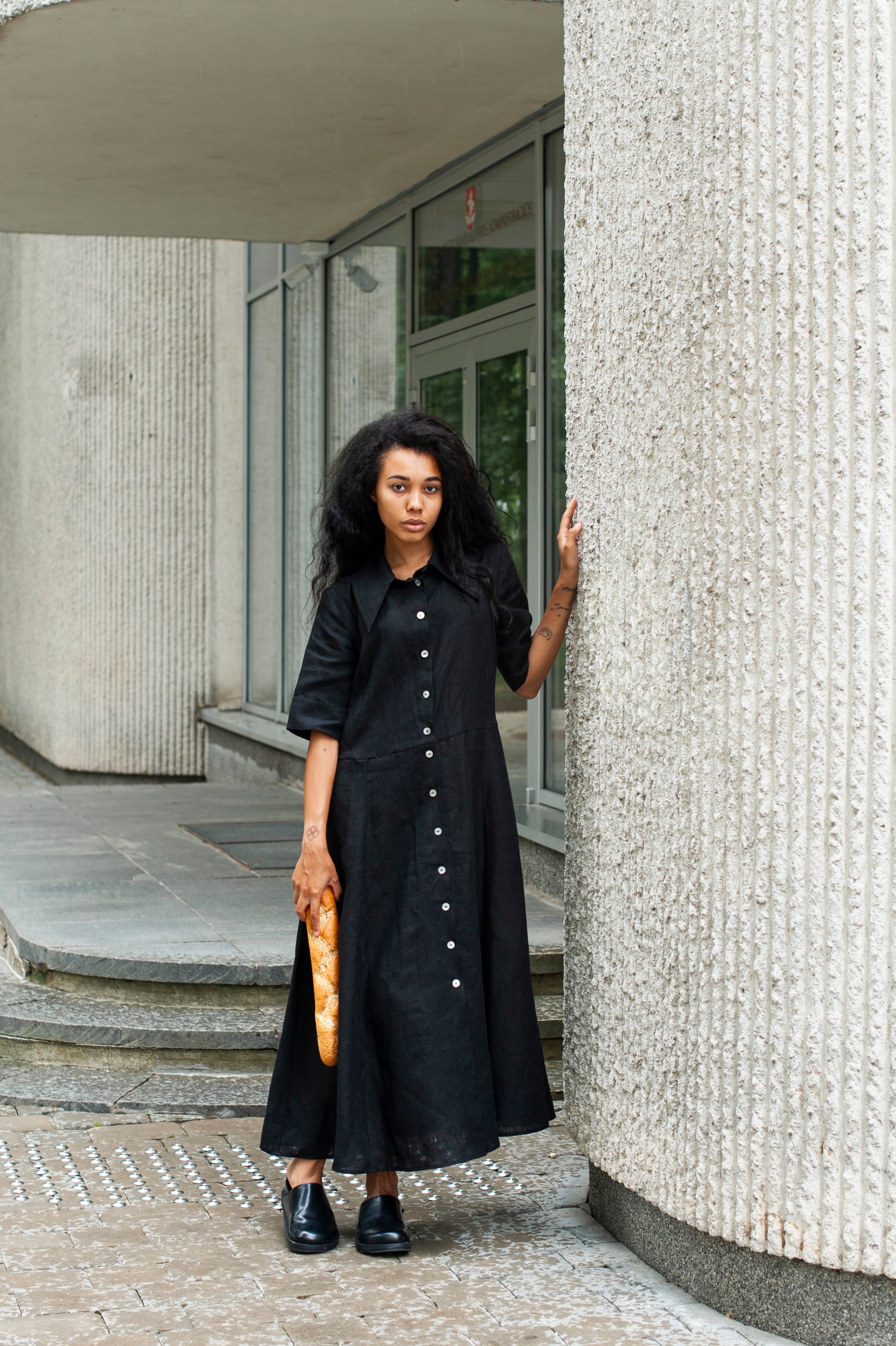 black linen maxi dress with front button