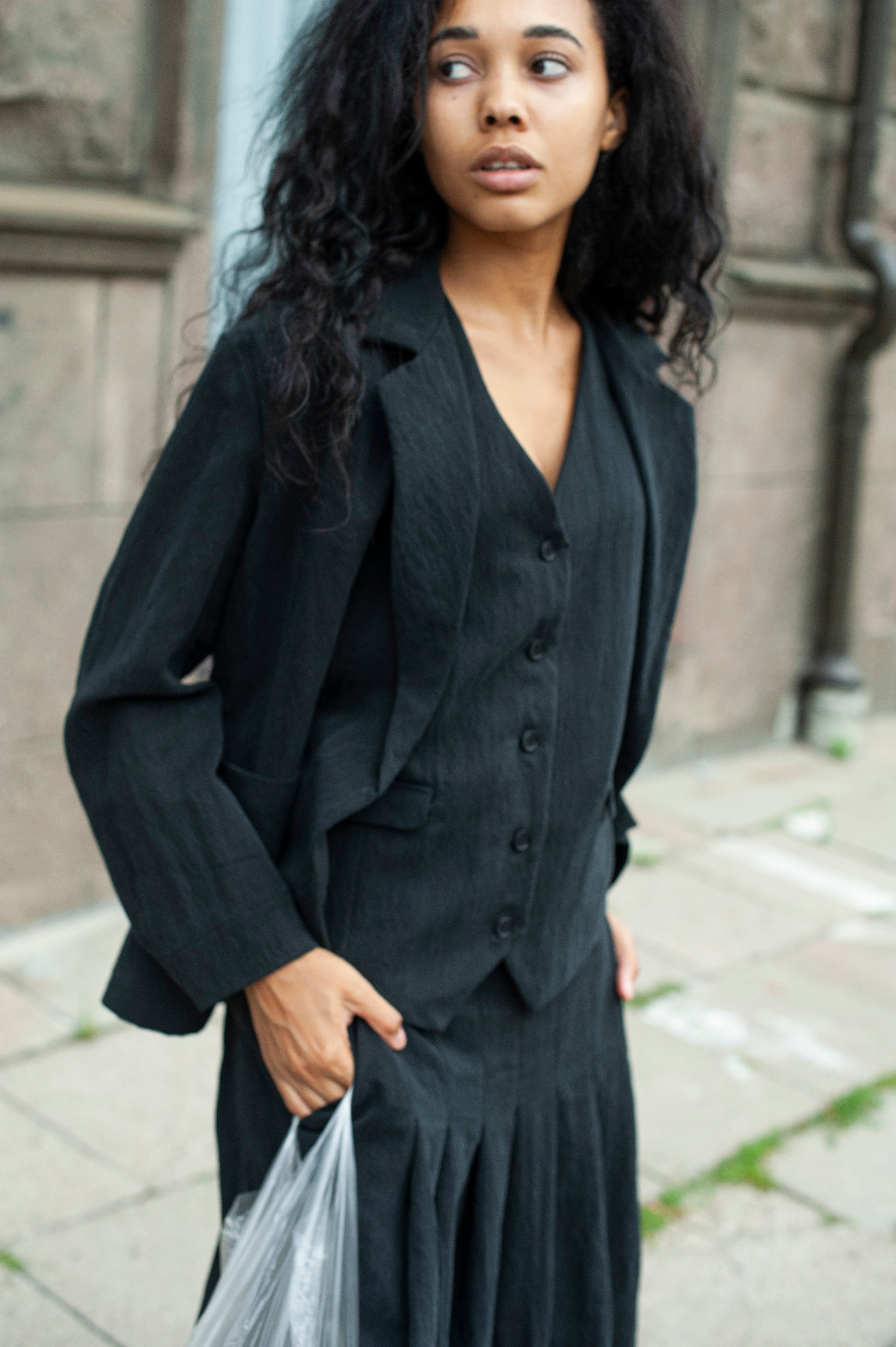 Black Women's single-breasted cupro silk touch suit vest
