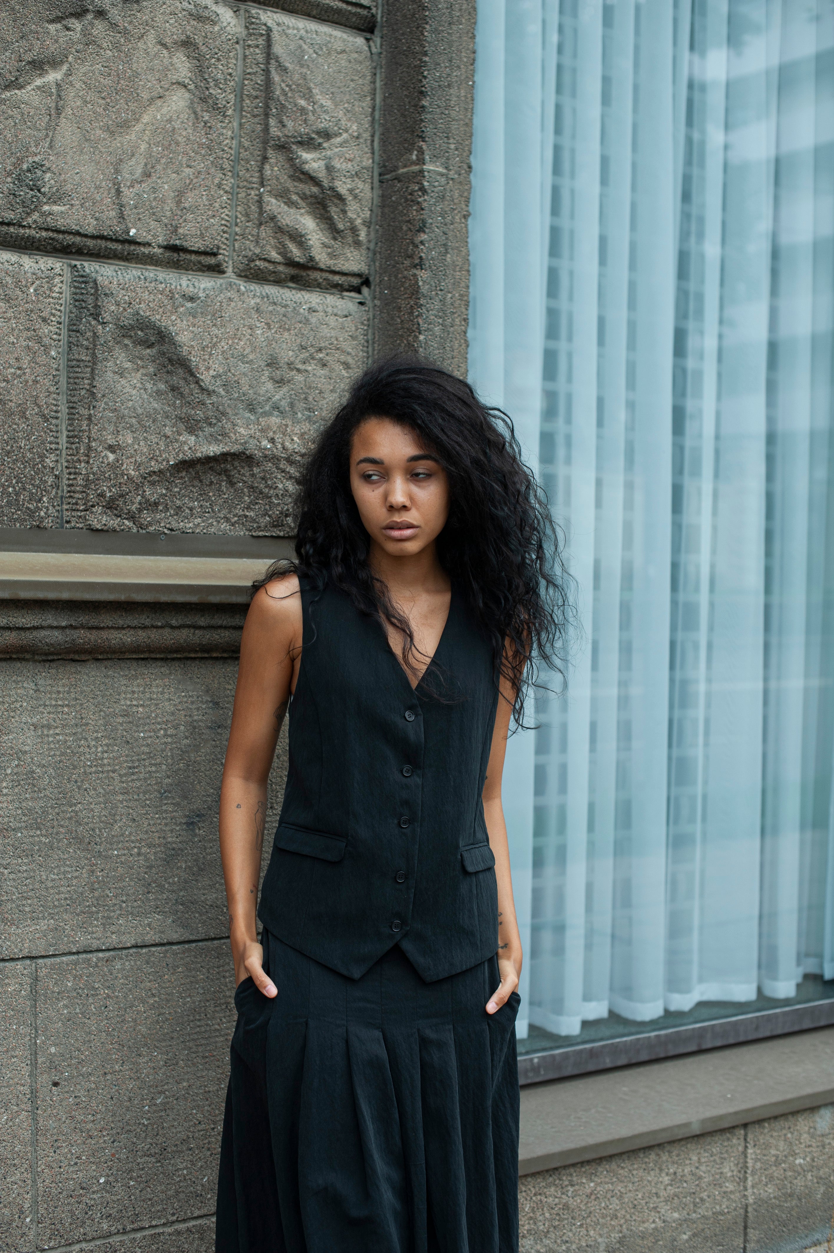 Black Women's single-breasted cupro silk touch suit vest