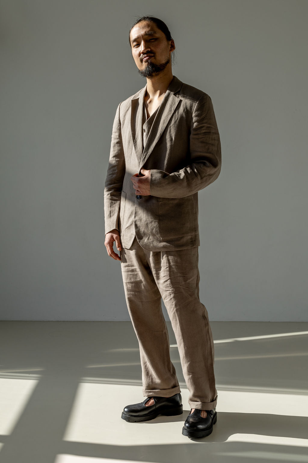Men's three-piece linen suit.
