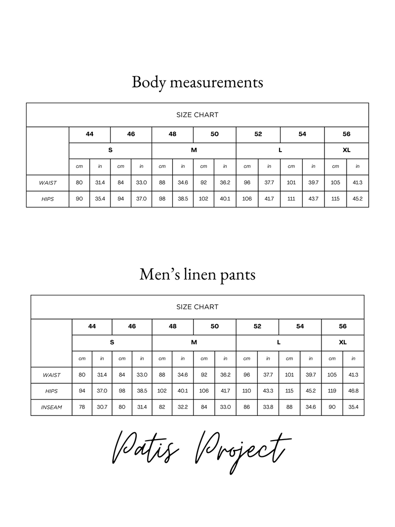 Body and garment size chart
