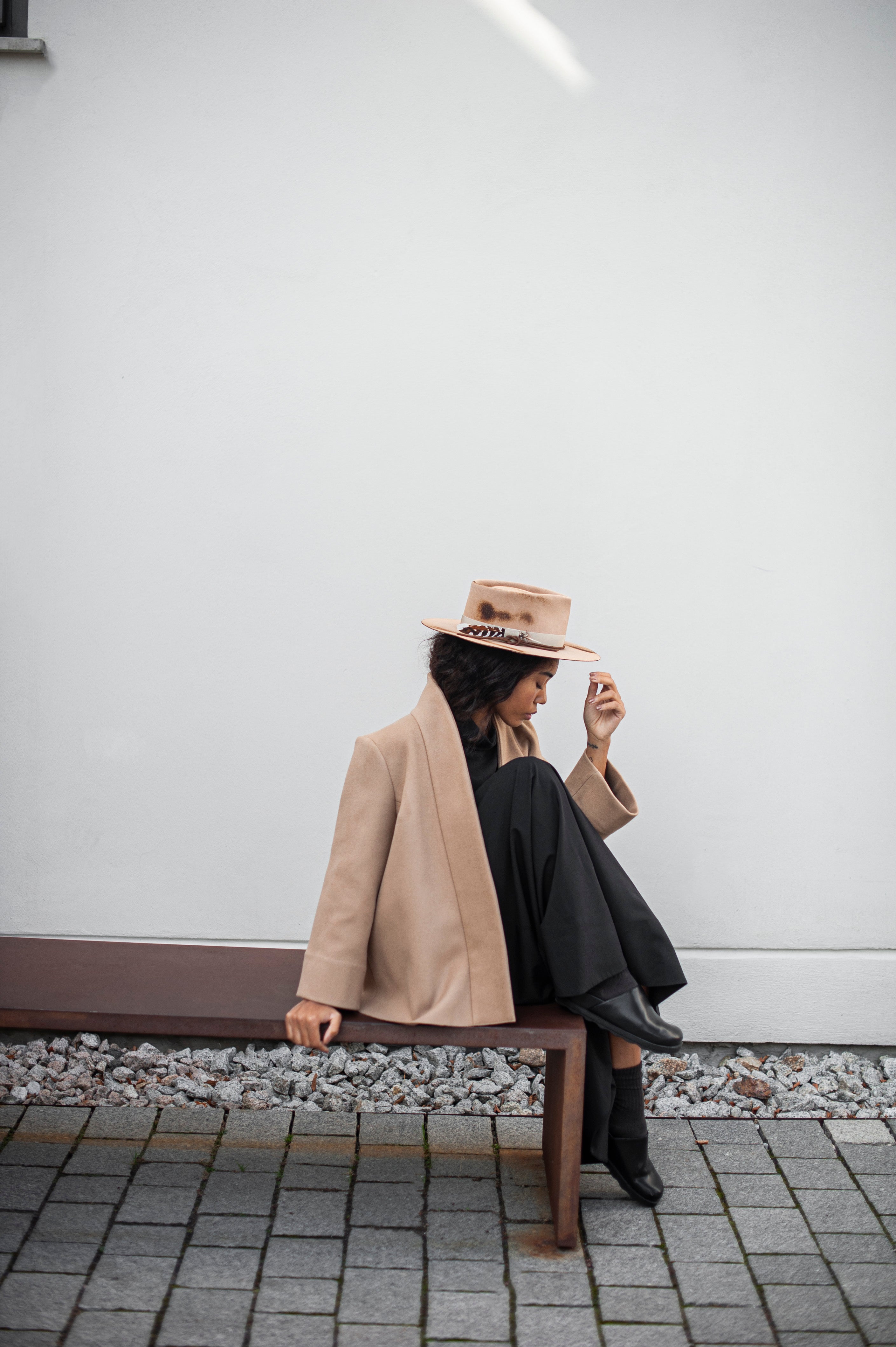 Contemporary urban outfit of a Haori style jacket and a wide full-length skirt in black