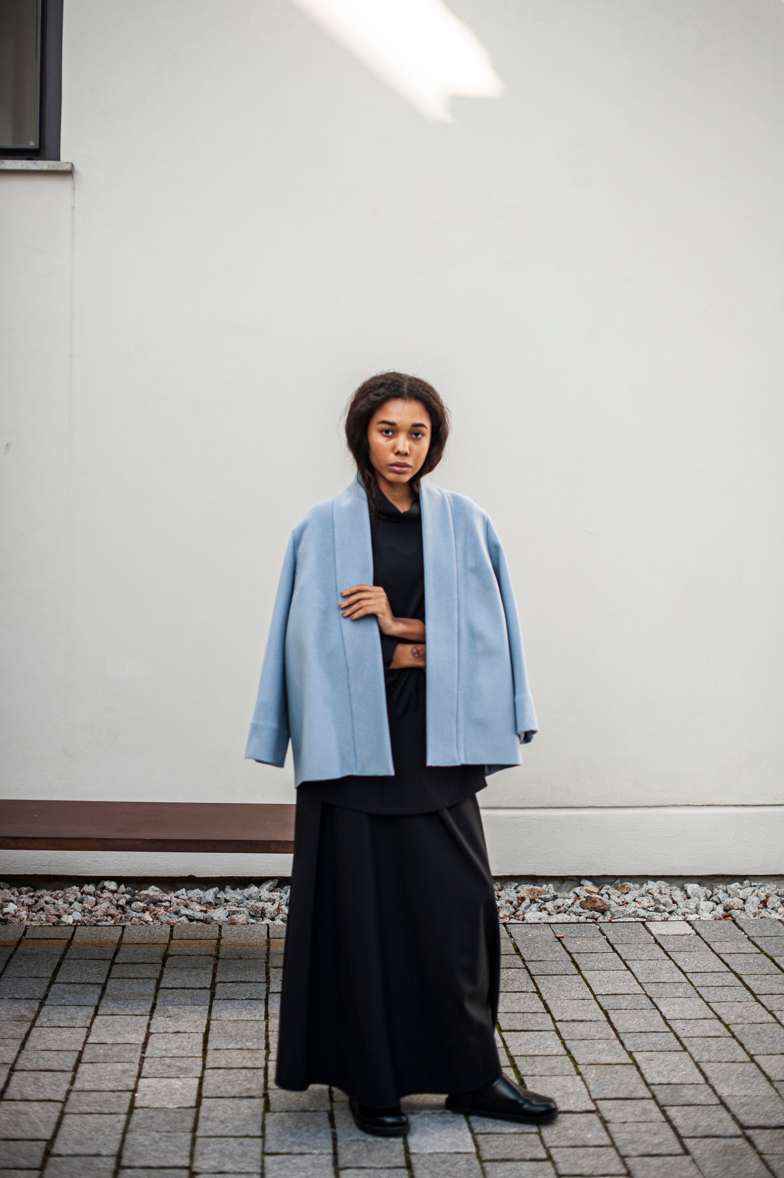 Light blue wool blazer with open front